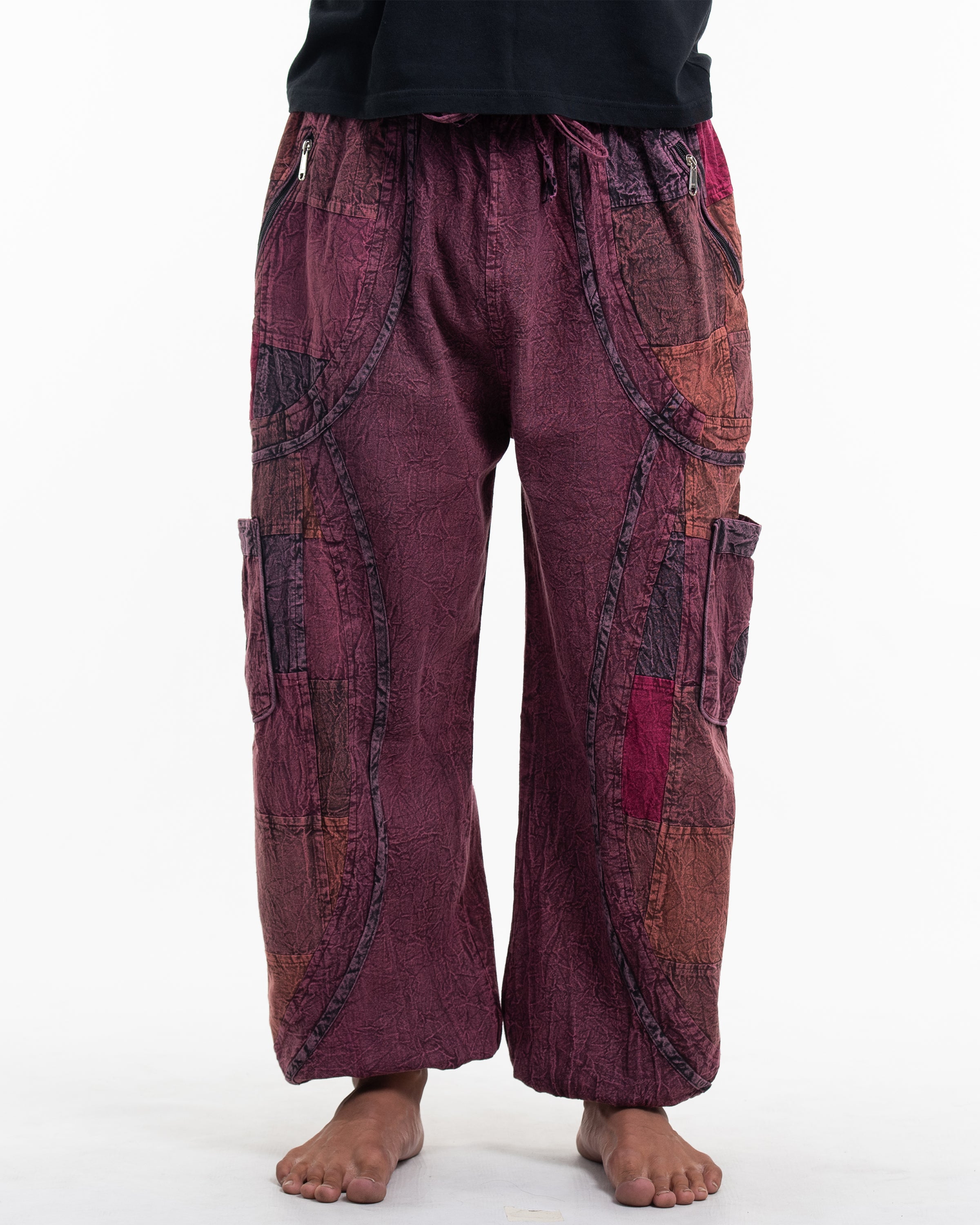 Men's Patchwork Stone Washed Cargo Cotton Pants in Maroon 02