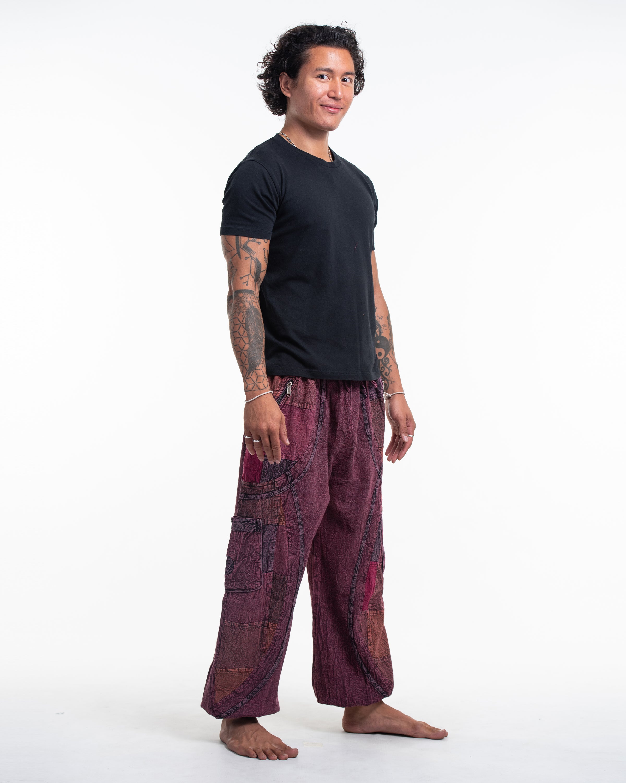 Men's Patchwork Stone Washed Cargo Cotton Pants in Maroon 02