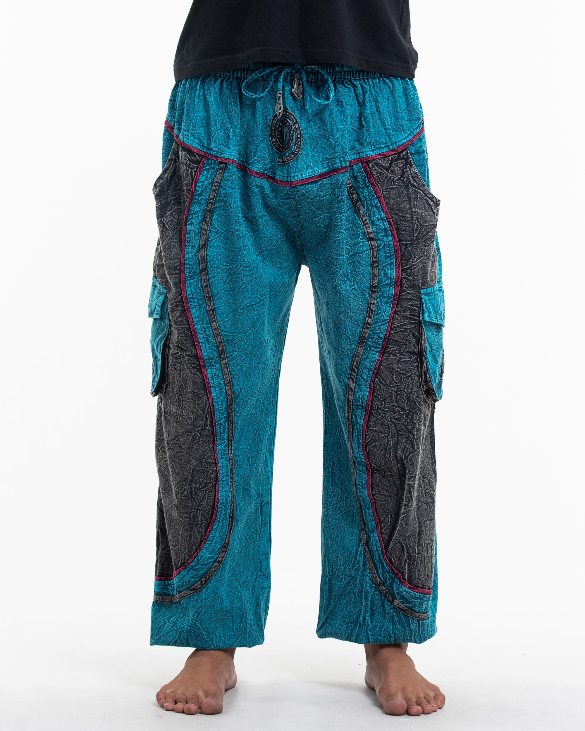 Men's Patchwork Stone Washed Cargo Cotton Pants in Blue 03