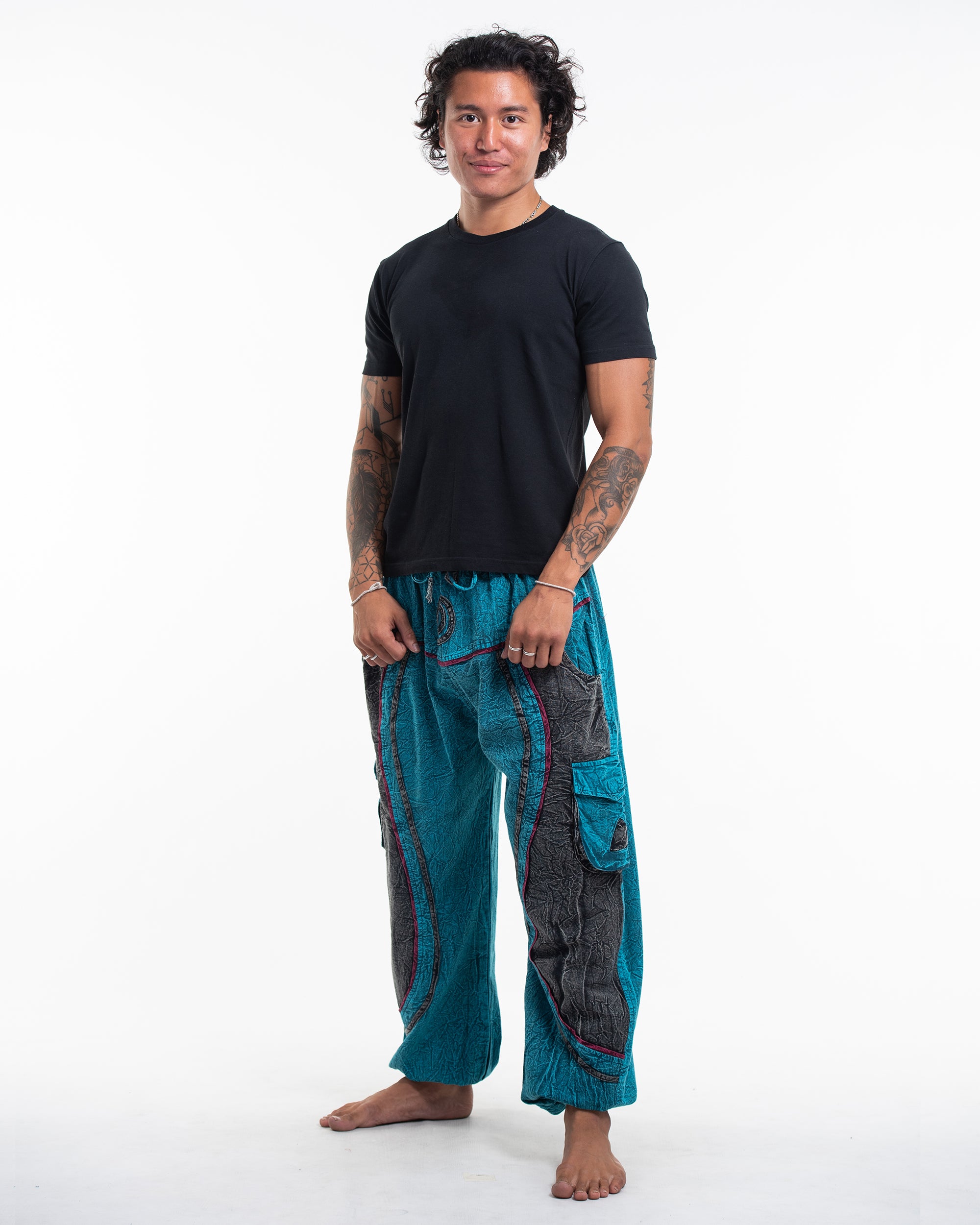 Men's Patchwork Stone Washed Cargo Cotton Pants in Blue 03