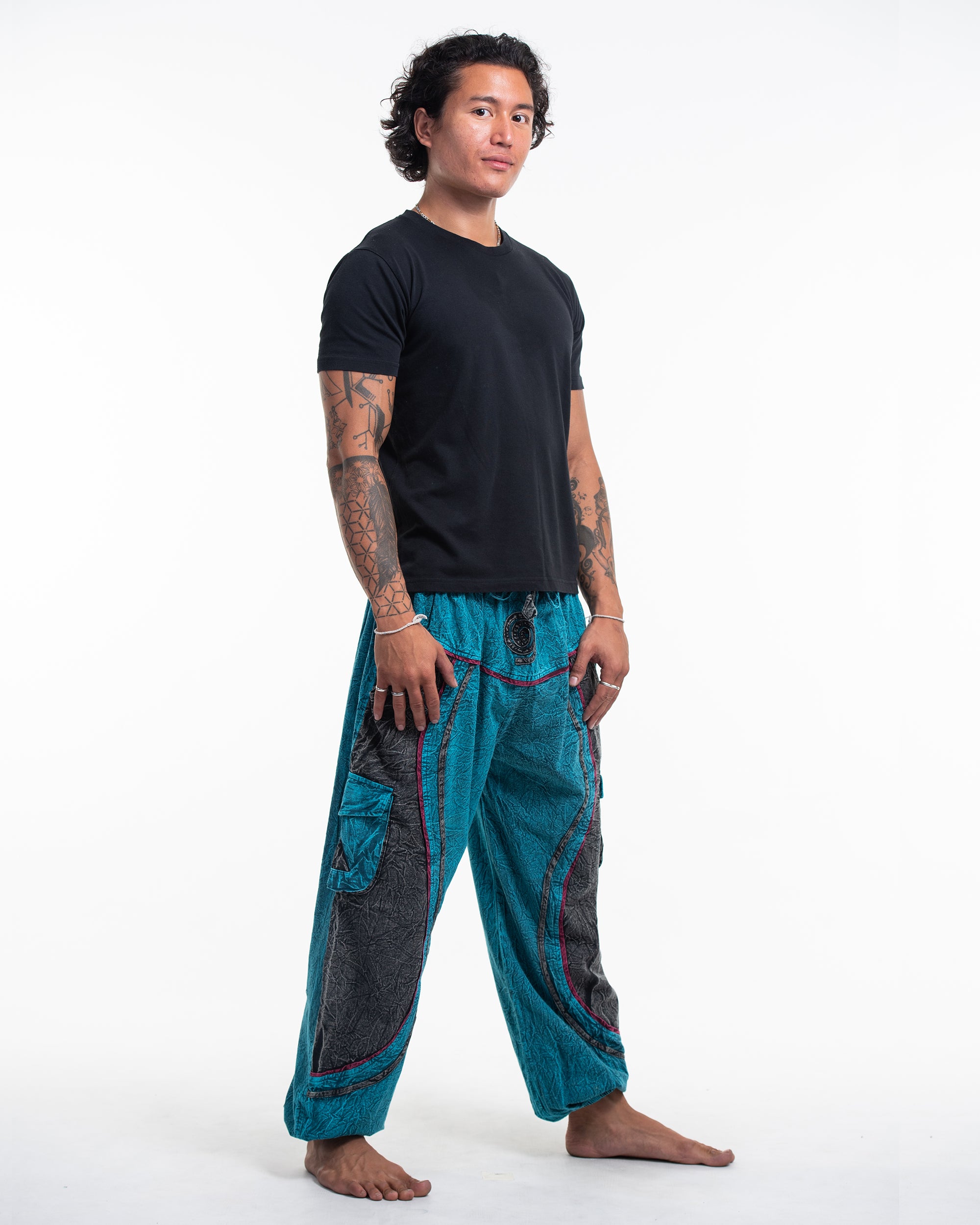 Men's Patchwork Stone Washed Cargo Cotton Pants in Blue 03