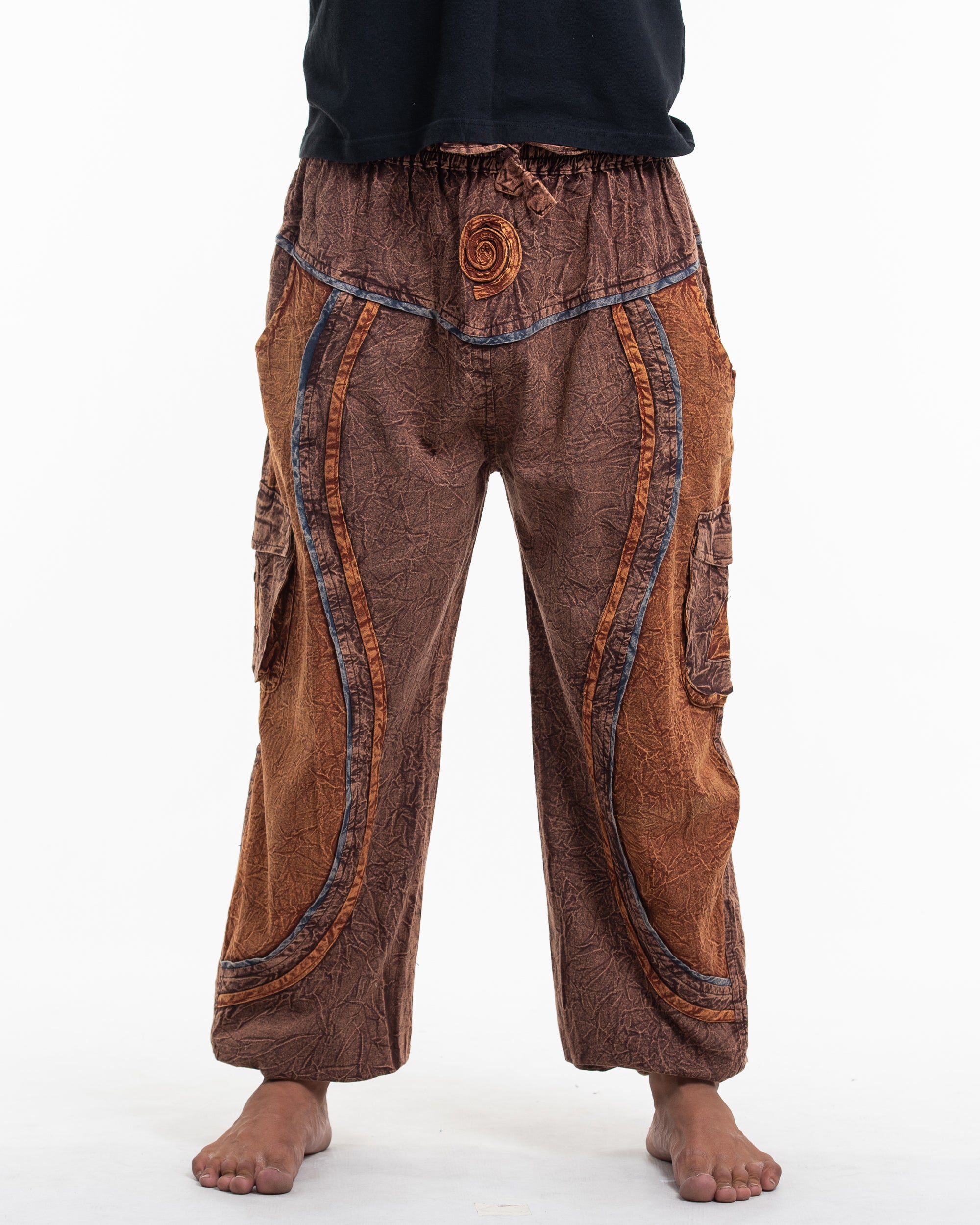 Men's Patchwork Stone Washed Cargo Cotton Pants in Brown 03