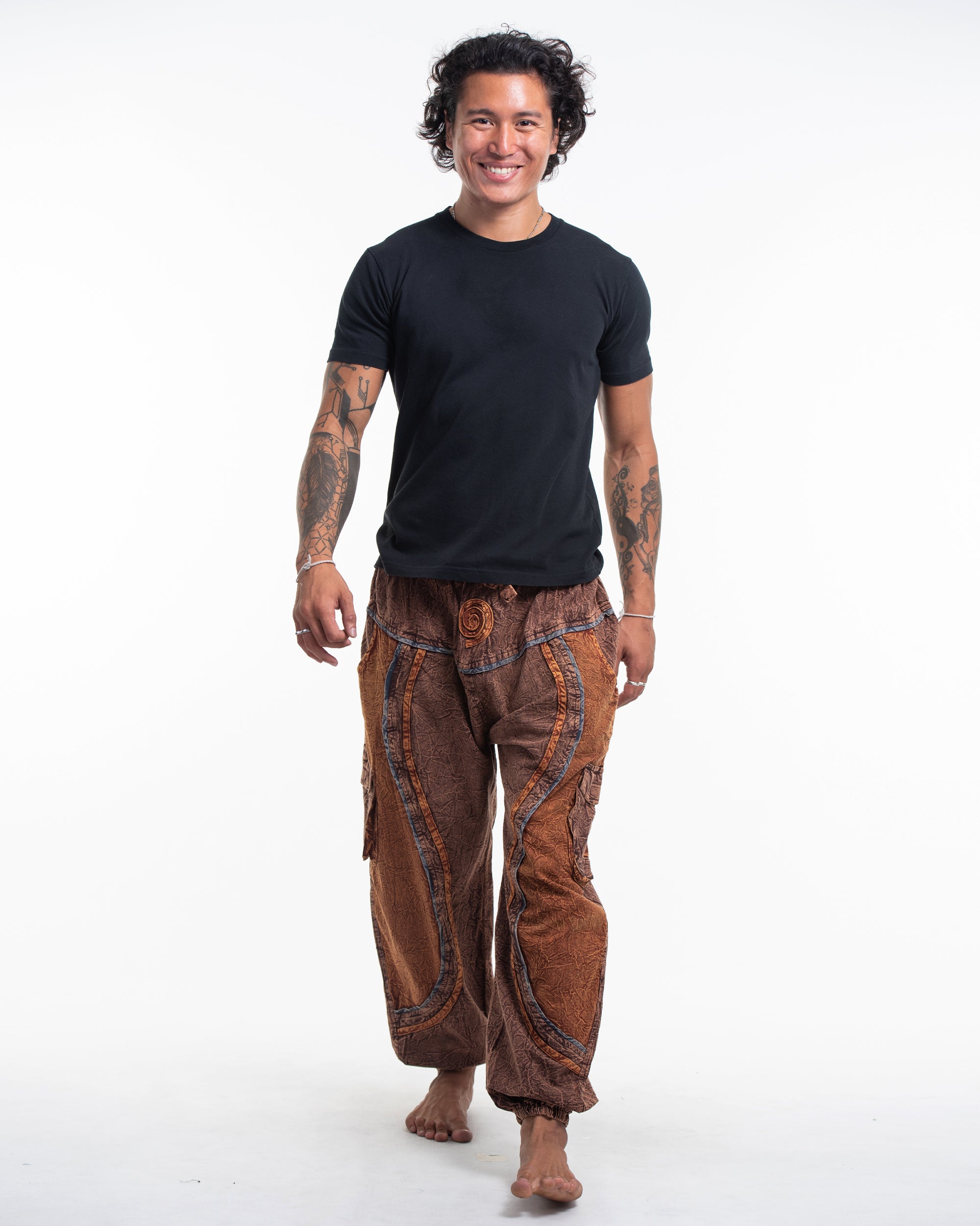 Men's Patchwork Stone Washed Cargo Cotton Pants in Brown 03