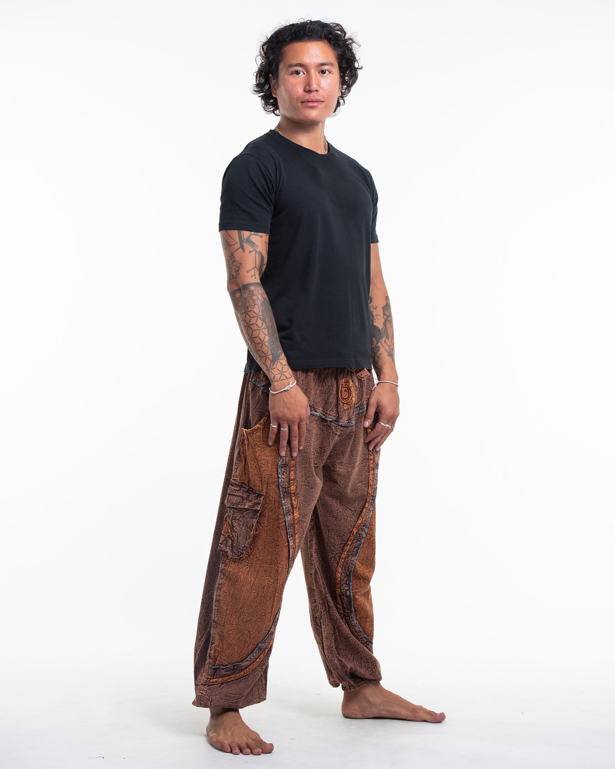 Men's Patchwork Stone Washed Cargo Cotton Pants in Brown 03