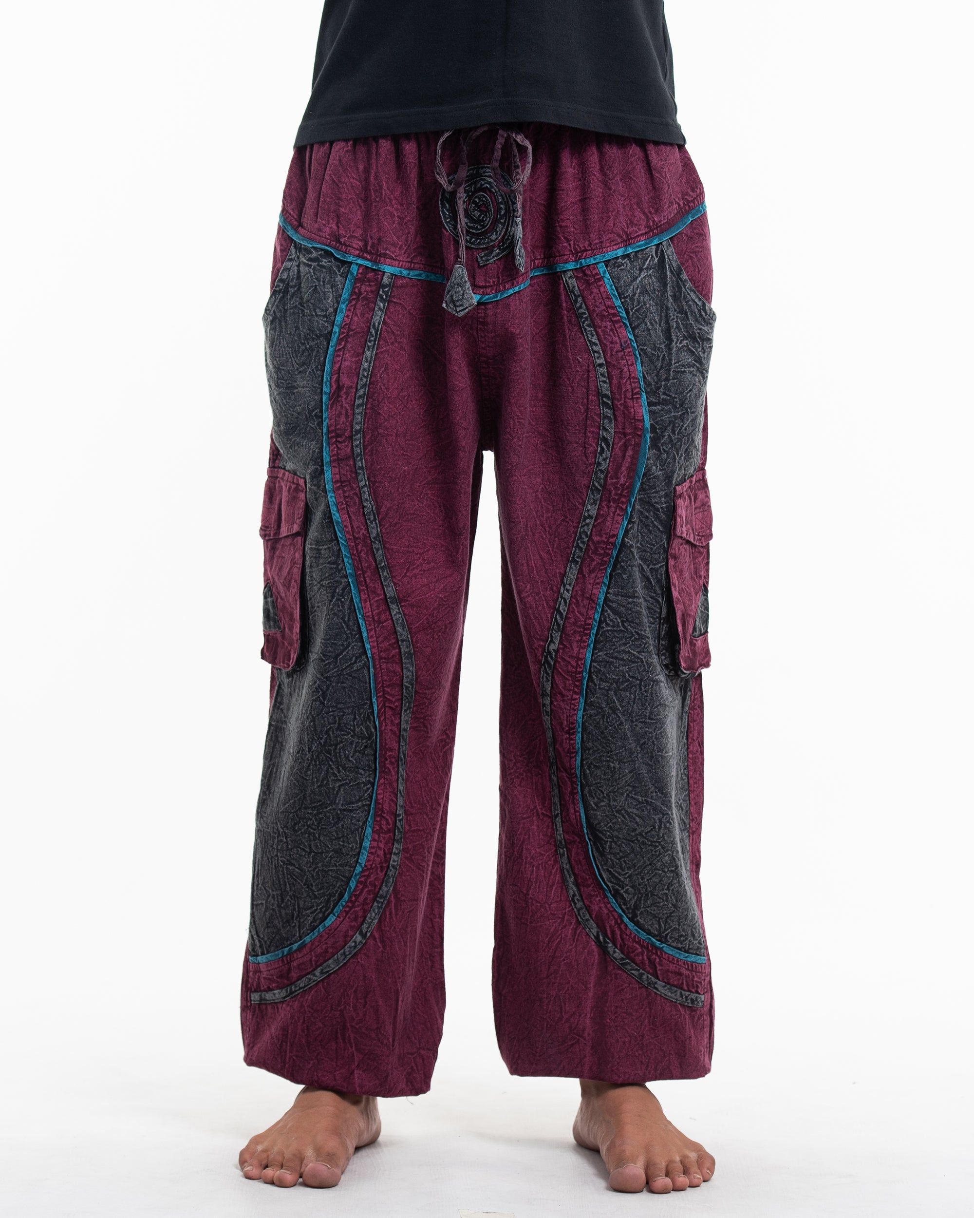 Men's Patchwork Stone Washed Cargo Cotton Pants in Red 03