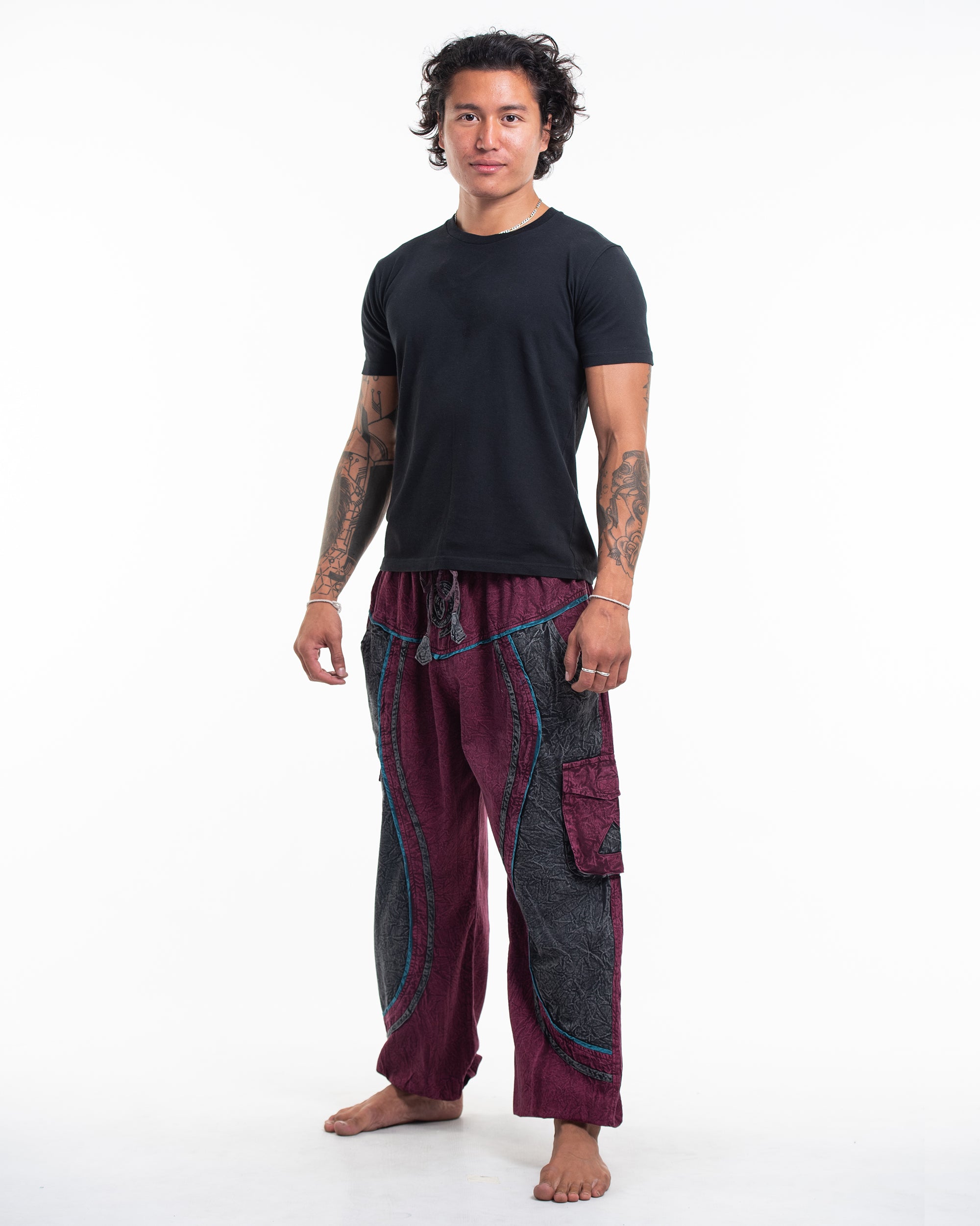 Men's Patchwork Stone Washed Cargo Cotton Pants in Red 03