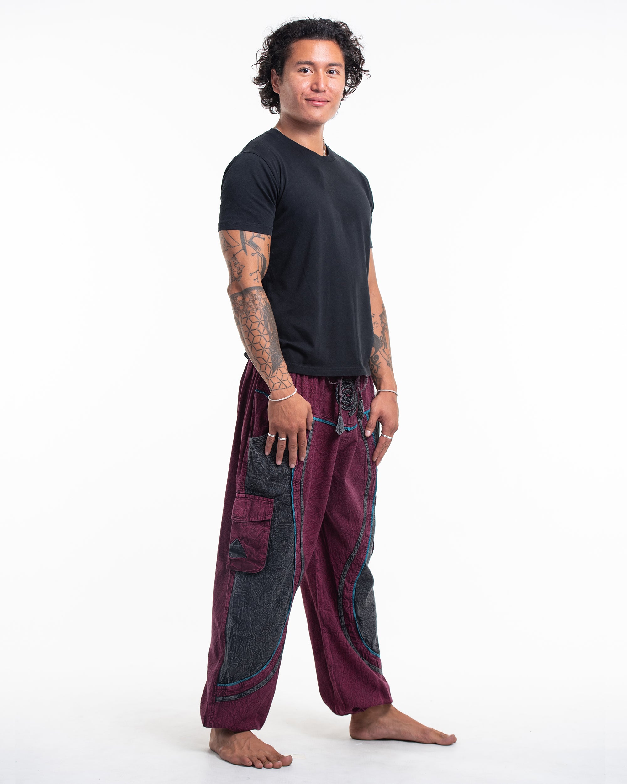 Men's Patchwork Stone Washed Cargo Cotton Pants in Red 03