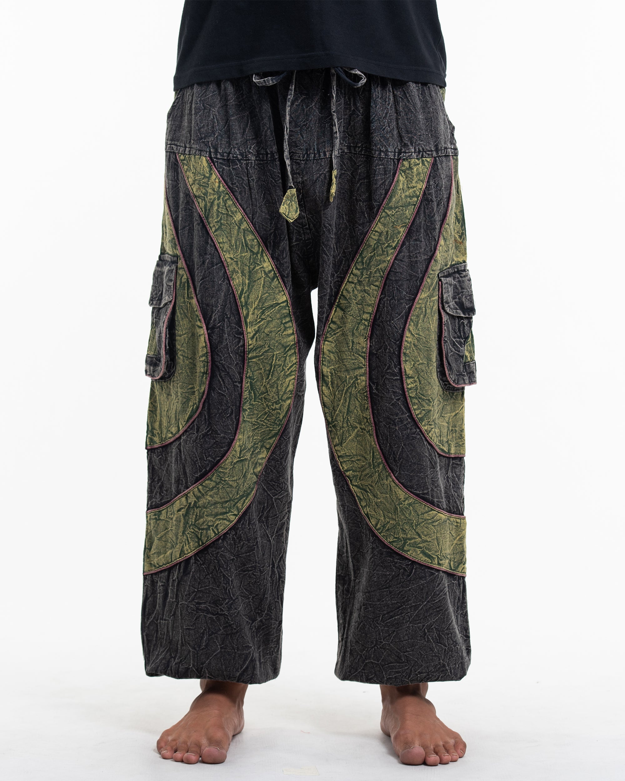 Men's Patchwork Stone Washed Cargo Cotton Pants in Black 04