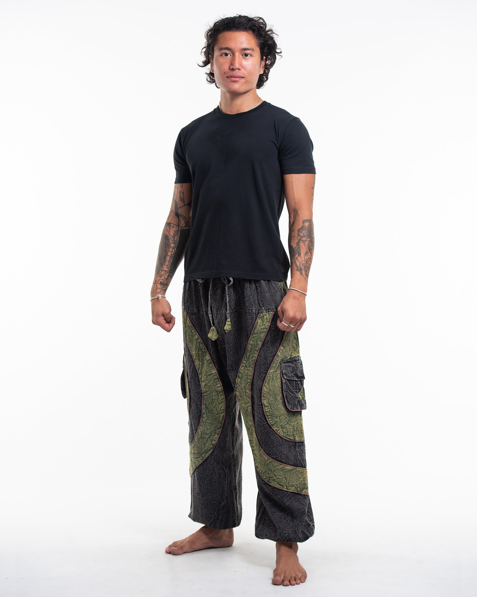 Men's Patchwork Stone Washed Cargo Cotton Pants in Black 04