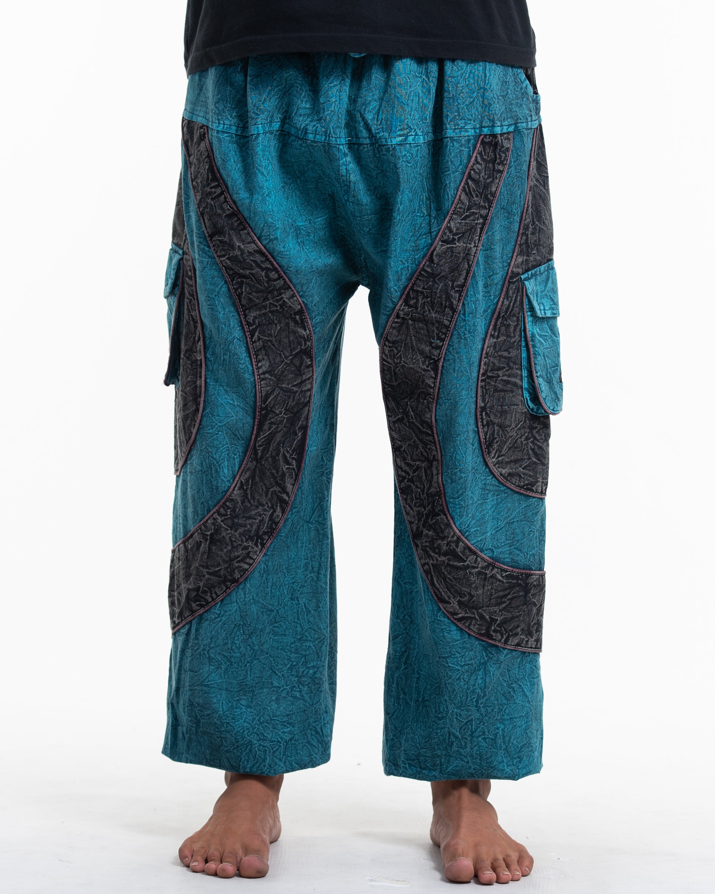 Men's Patchwork Stone Washed Cargo Cotton Pants in Blue 04