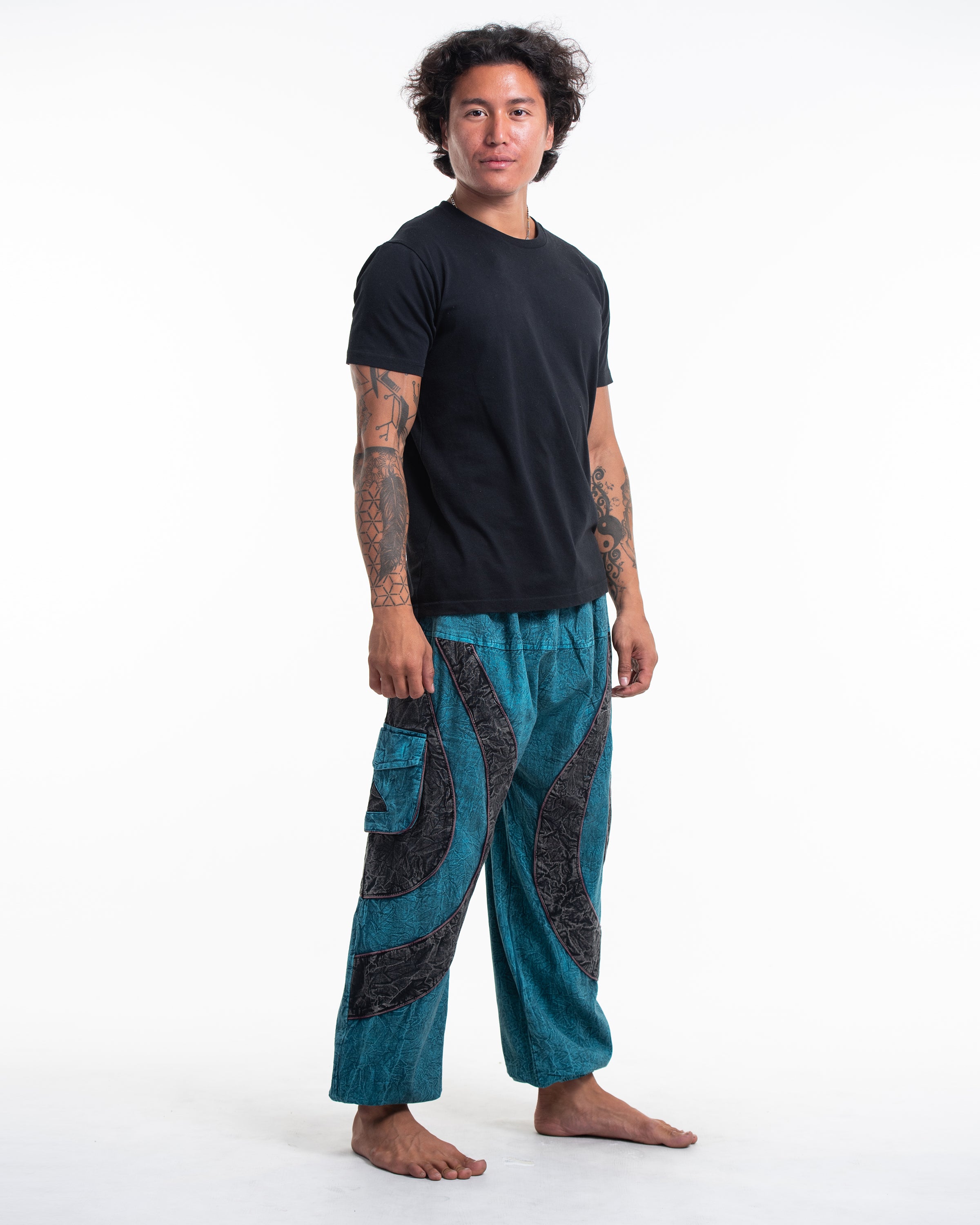 Men's Patchwork Stone Washed Cargo Cotton Pants in Blue 04
