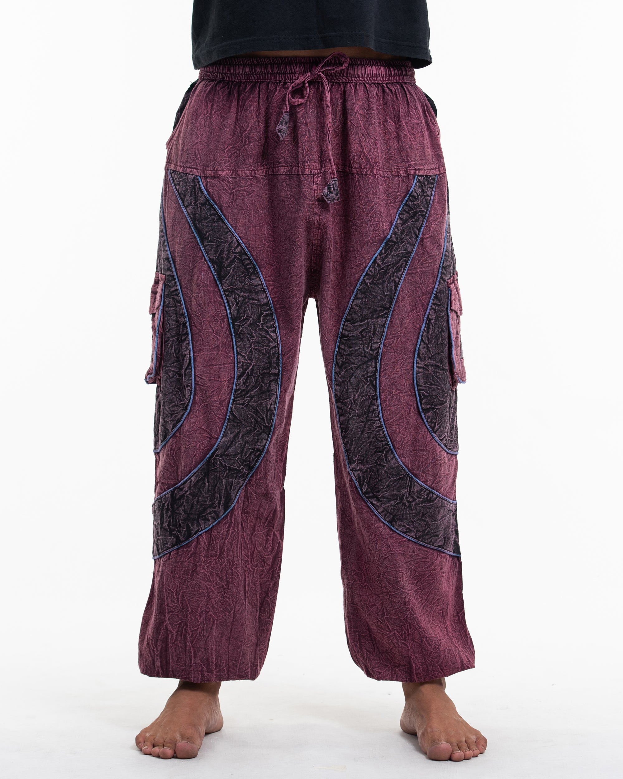 Men's Patchwork Stone Washed Cargo Cotton Pants in Maroon 04