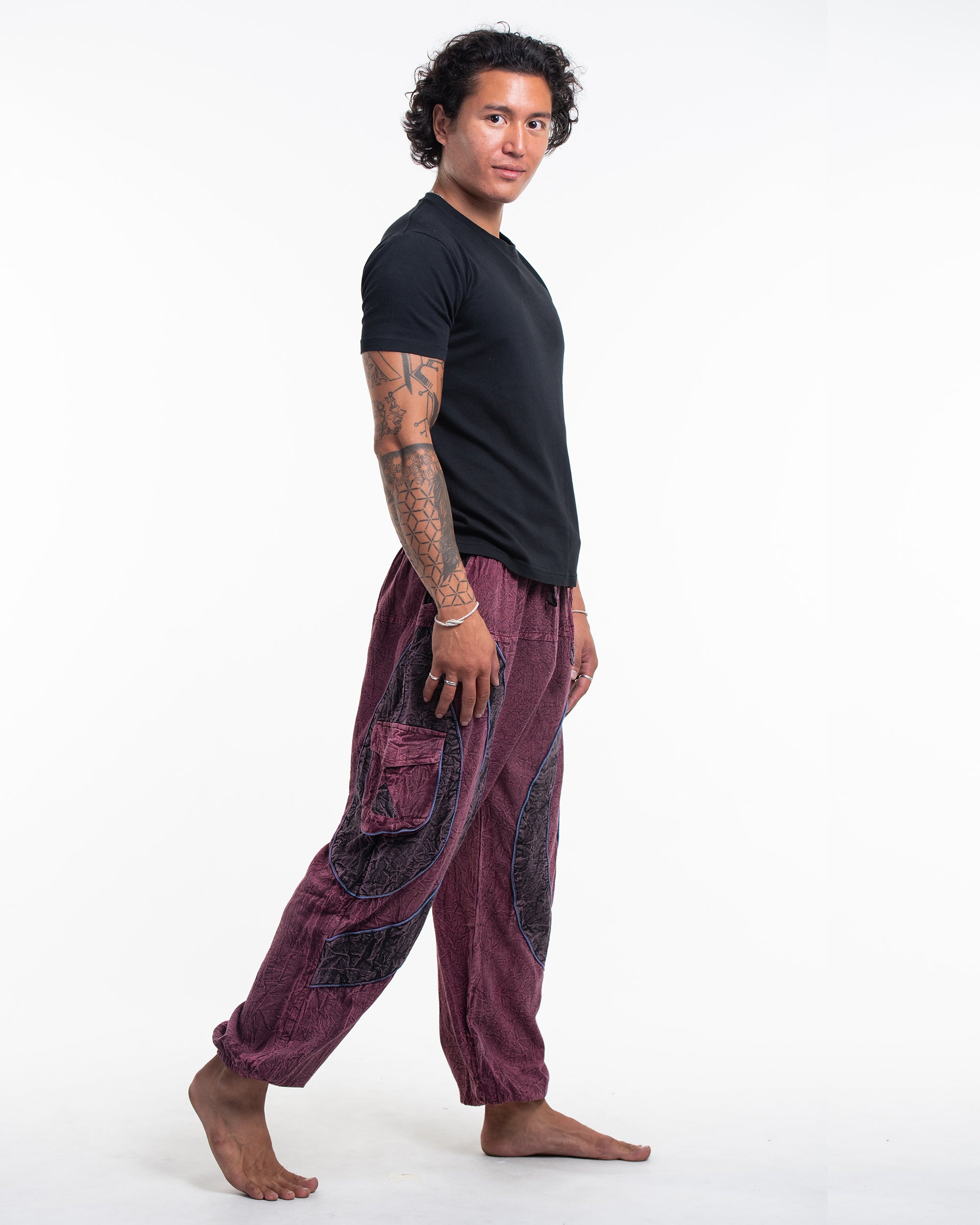 Men's Patchwork Stone Washed Cargo Cotton Pants in Maroon 04