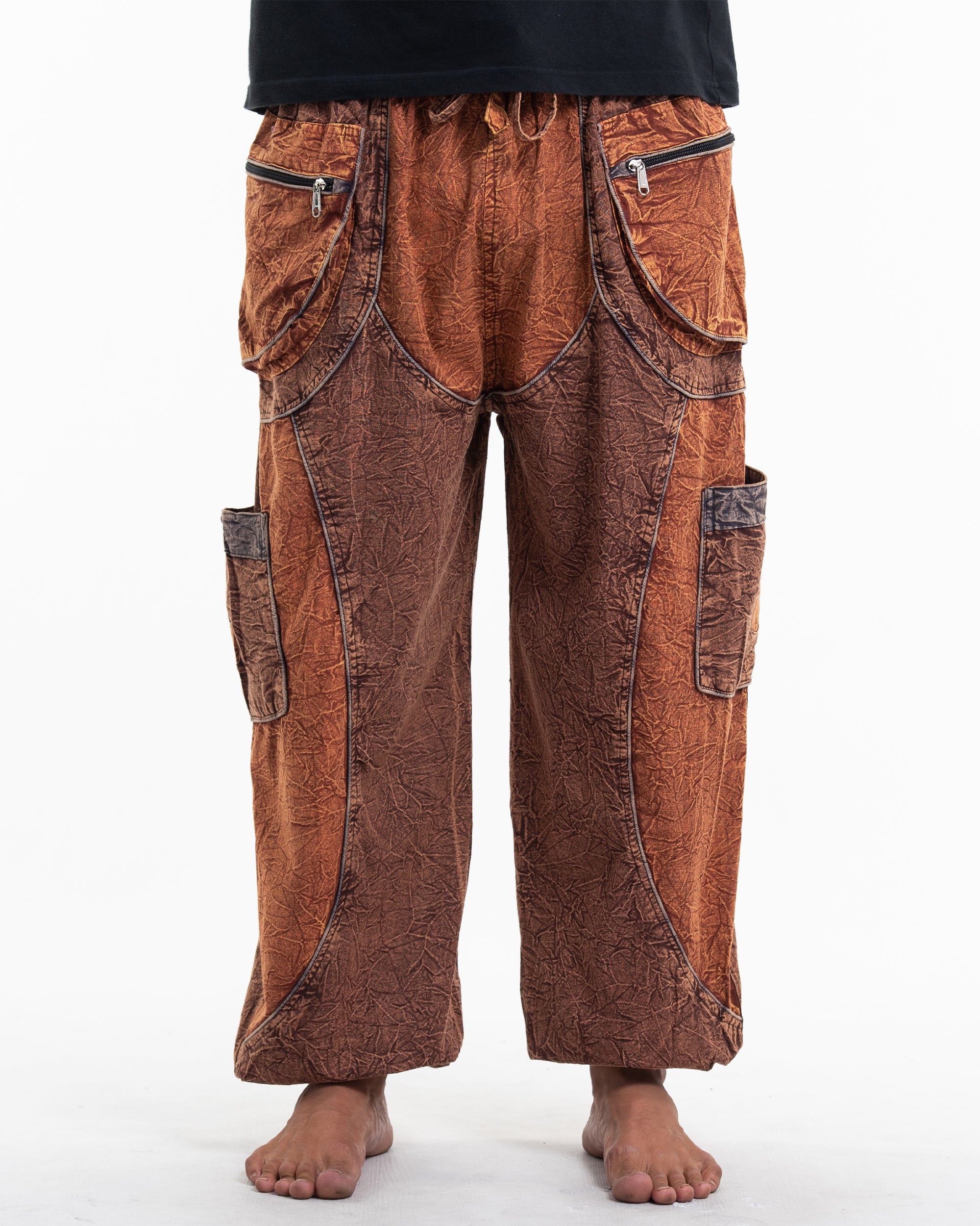 Men's Patchwork Stone Washed Cargo Cotton Pants in Brown 05