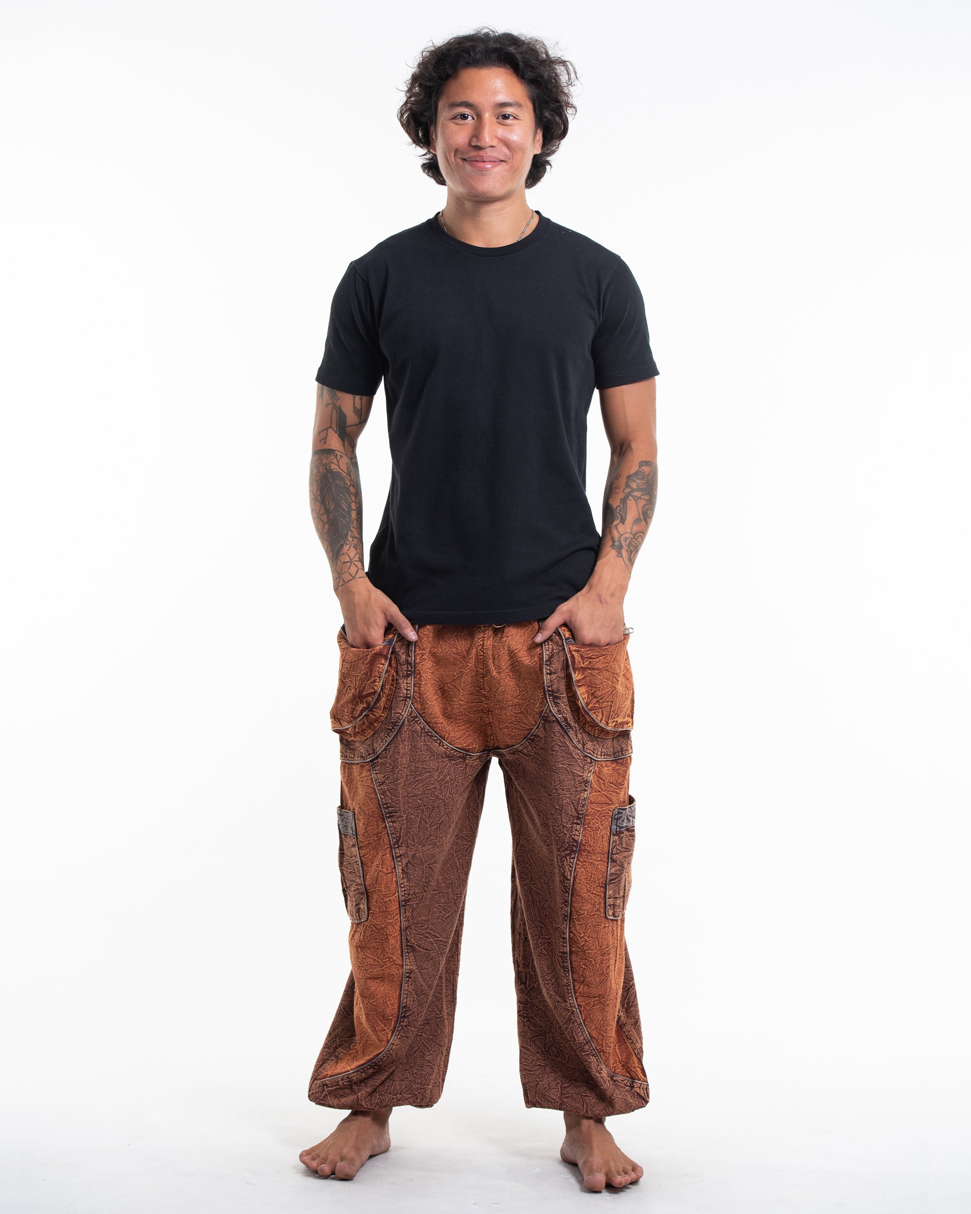 Men's Patchwork Stone Washed Cargo Cotton Pants in Brown 05
