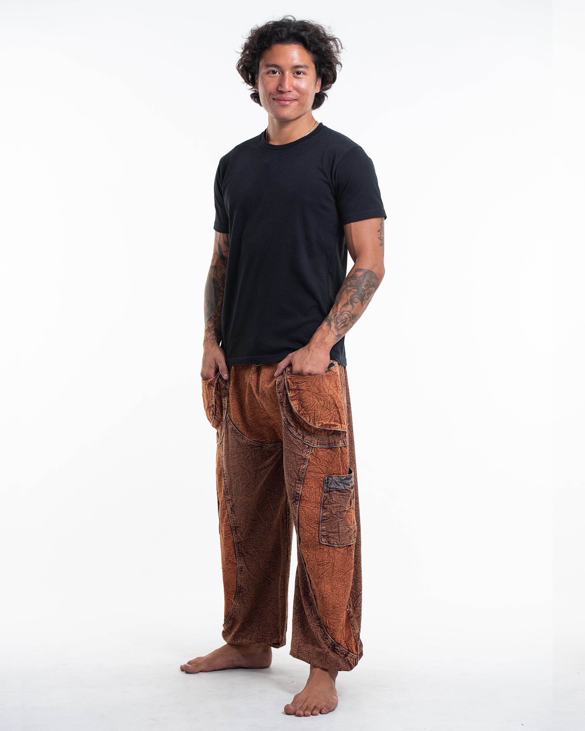 Men's Patchwork Stone Washed Cargo Cotton Pants in Brown 05