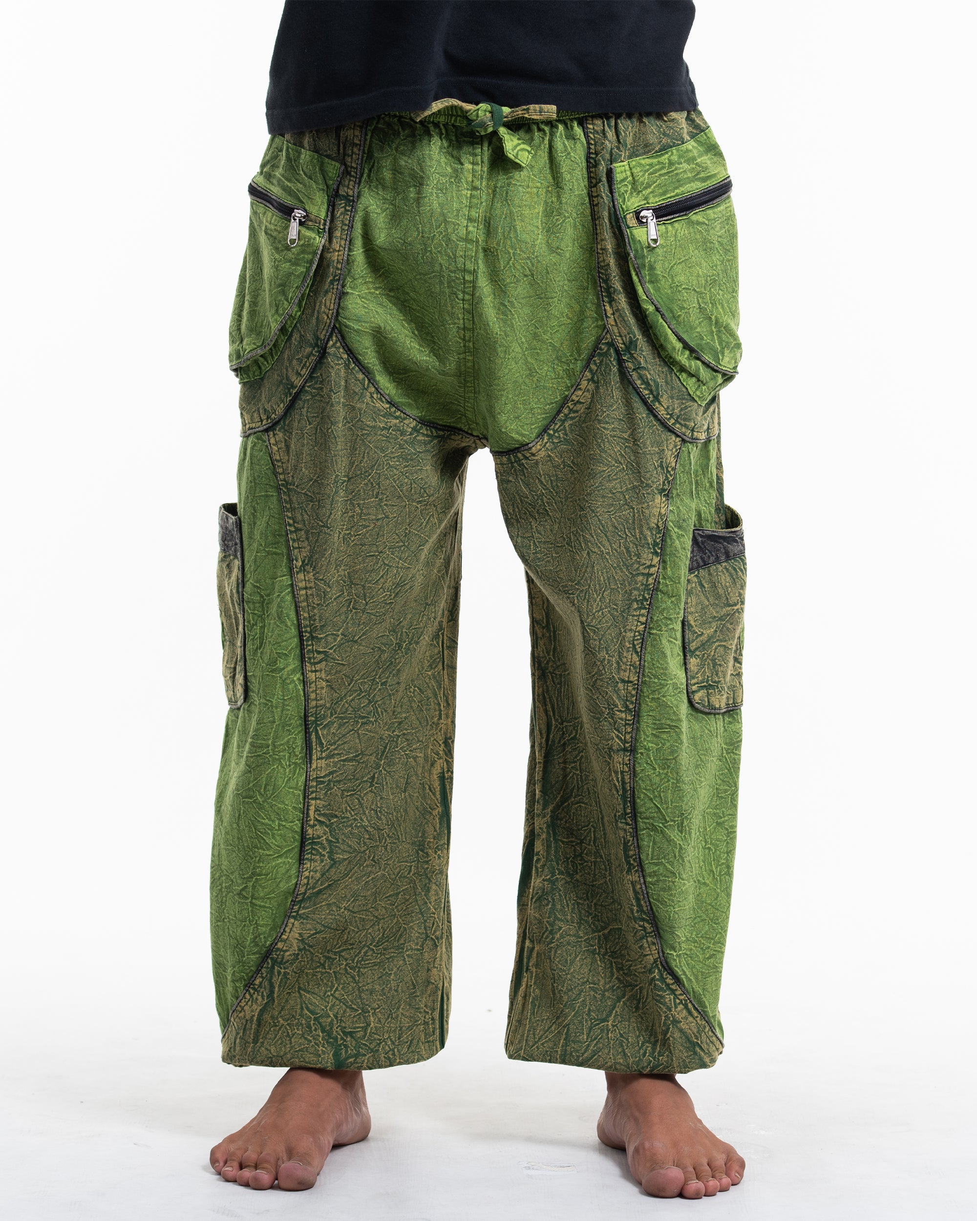 Men's Patchwork Stone Washed Cargo Cotton Pants in Green 05