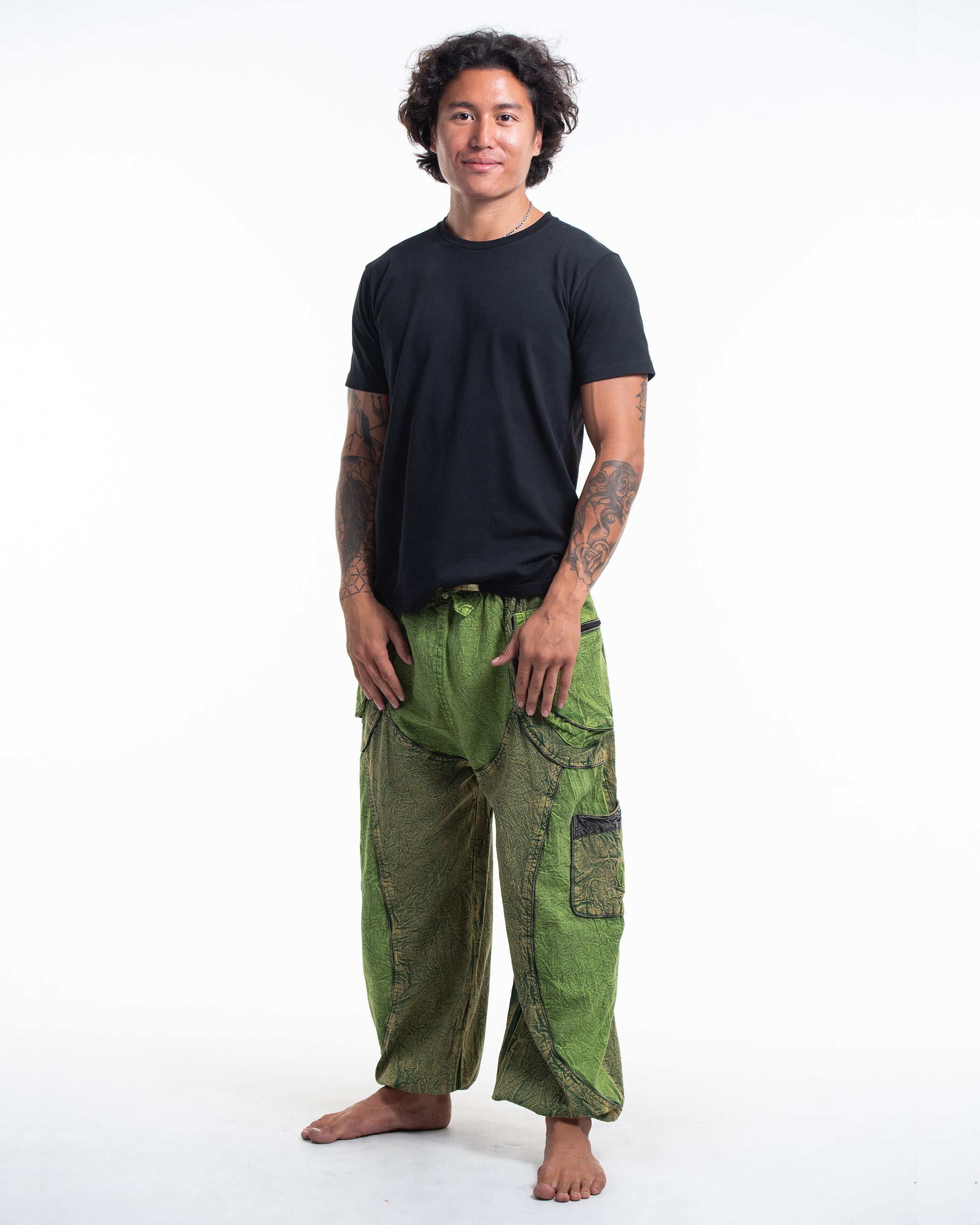 Men's Patchwork Stone Washed Cargo Cotton Pants in Green 05
