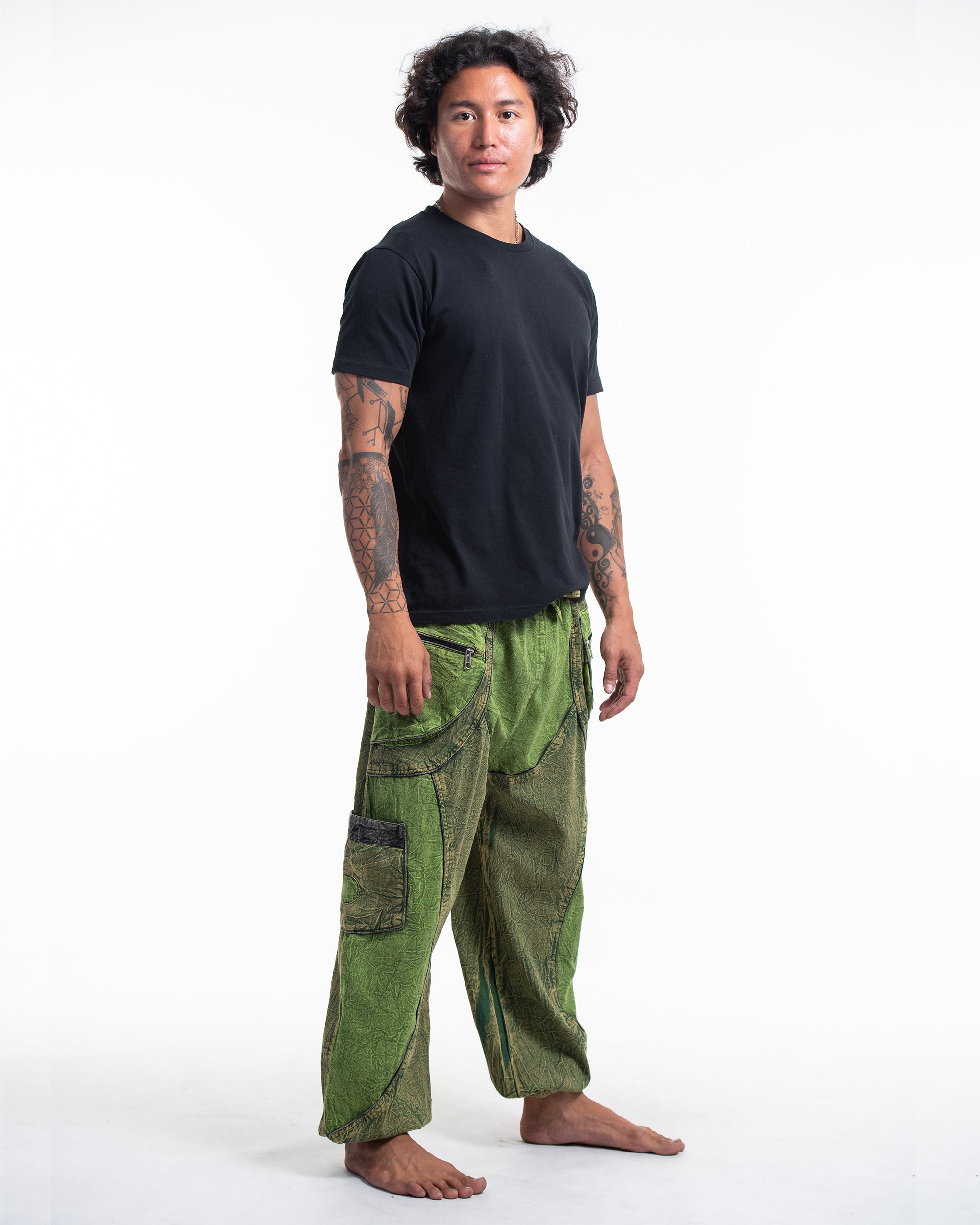 Men's Patchwork Stone Washed Cargo Cotton Pants in Green 05
