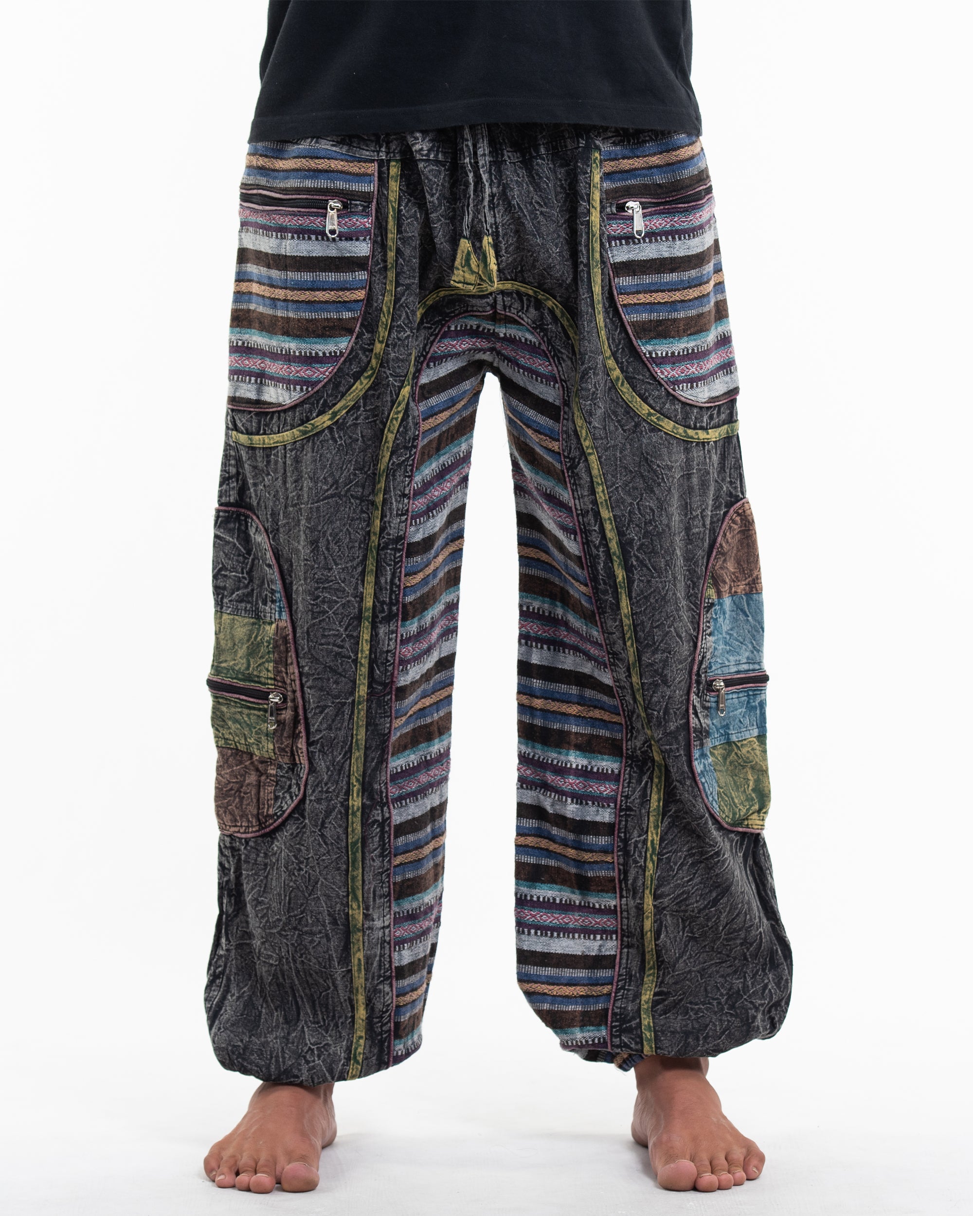 Men's Patchwork Stone Washed Cargo Cotton Pants in Black 06