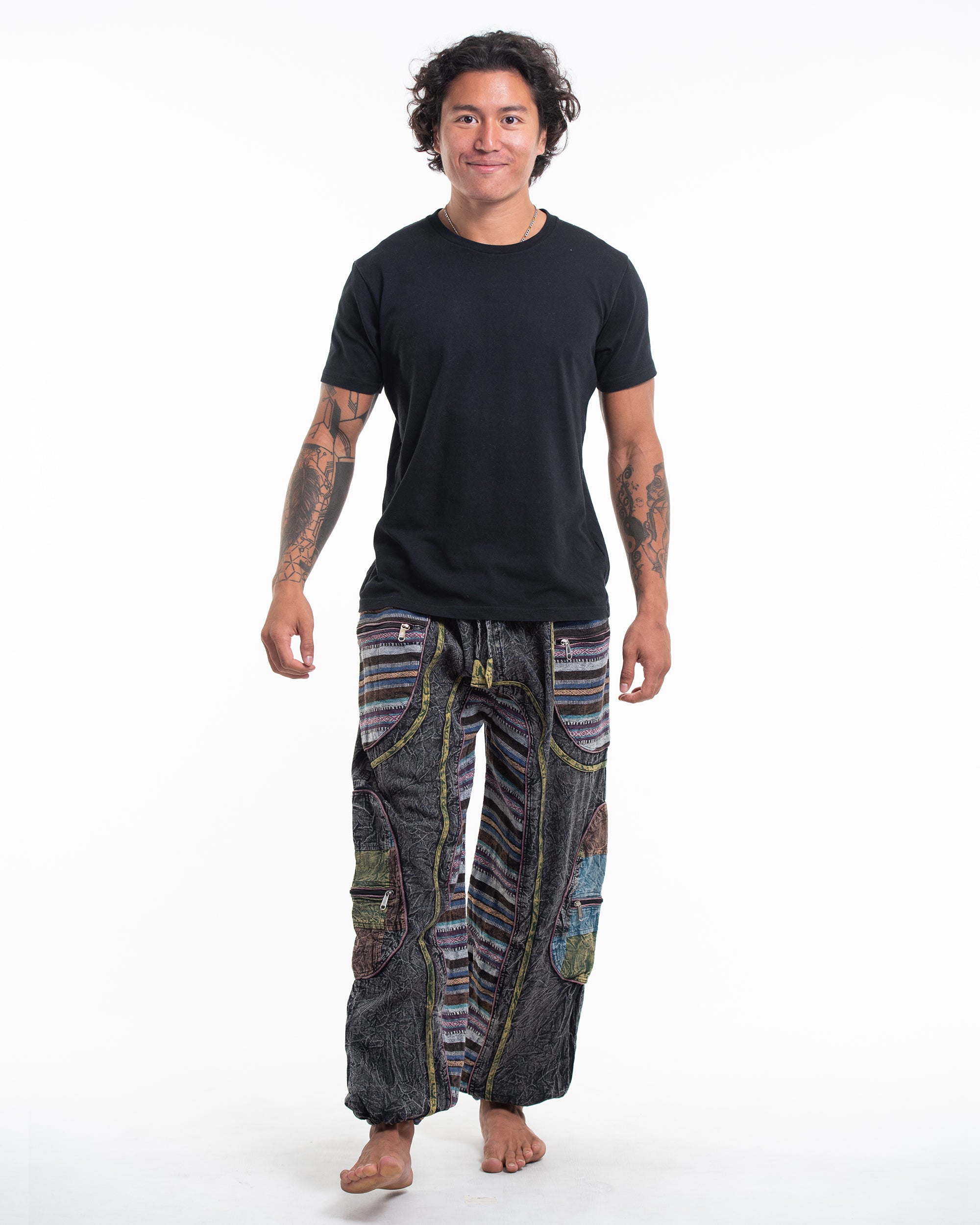 Men's Patchwork Stone Washed Cargo Cotton Pants in Black 06