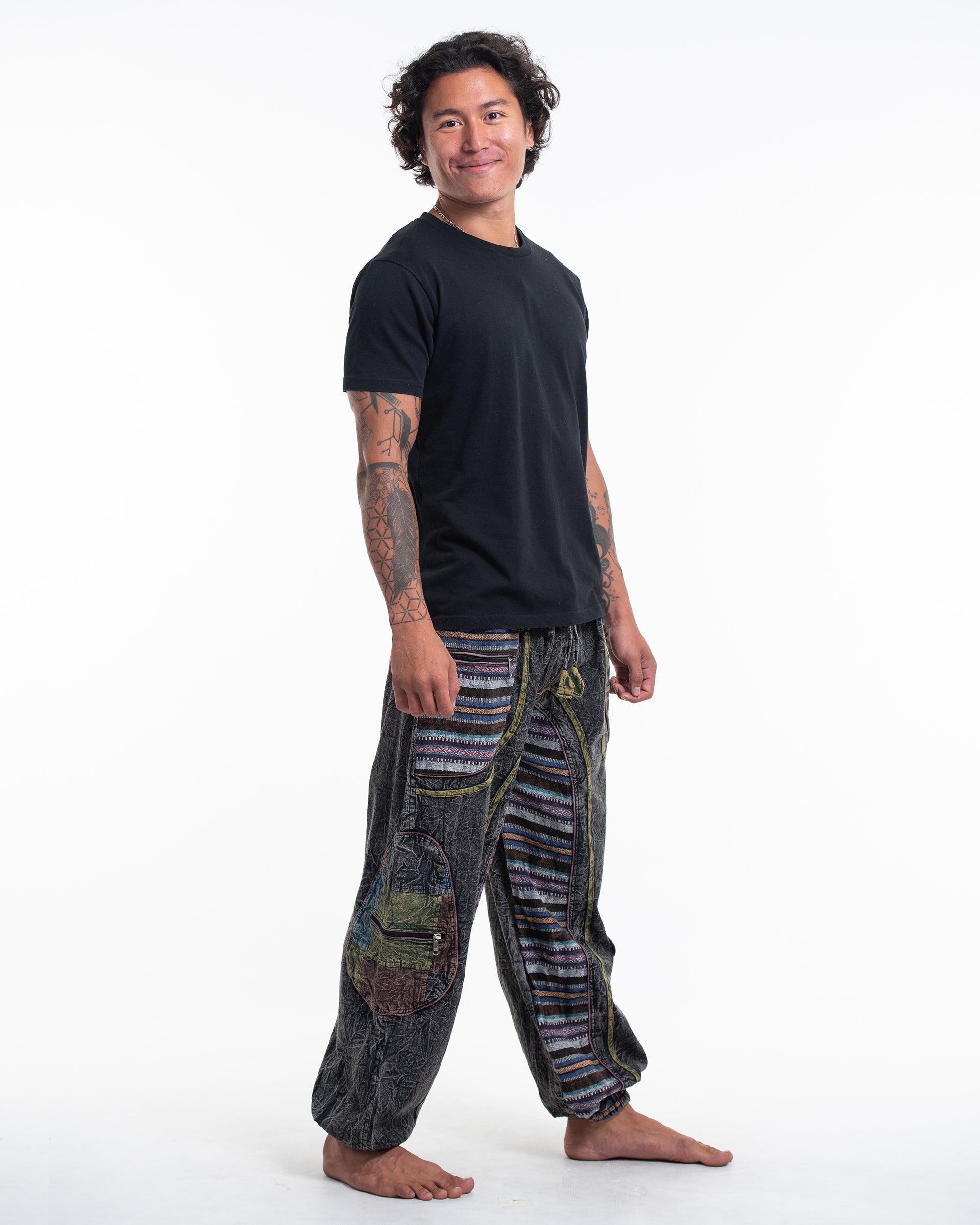 Men's Patchwork Stone Washed Cargo Cotton Pants in Black 06