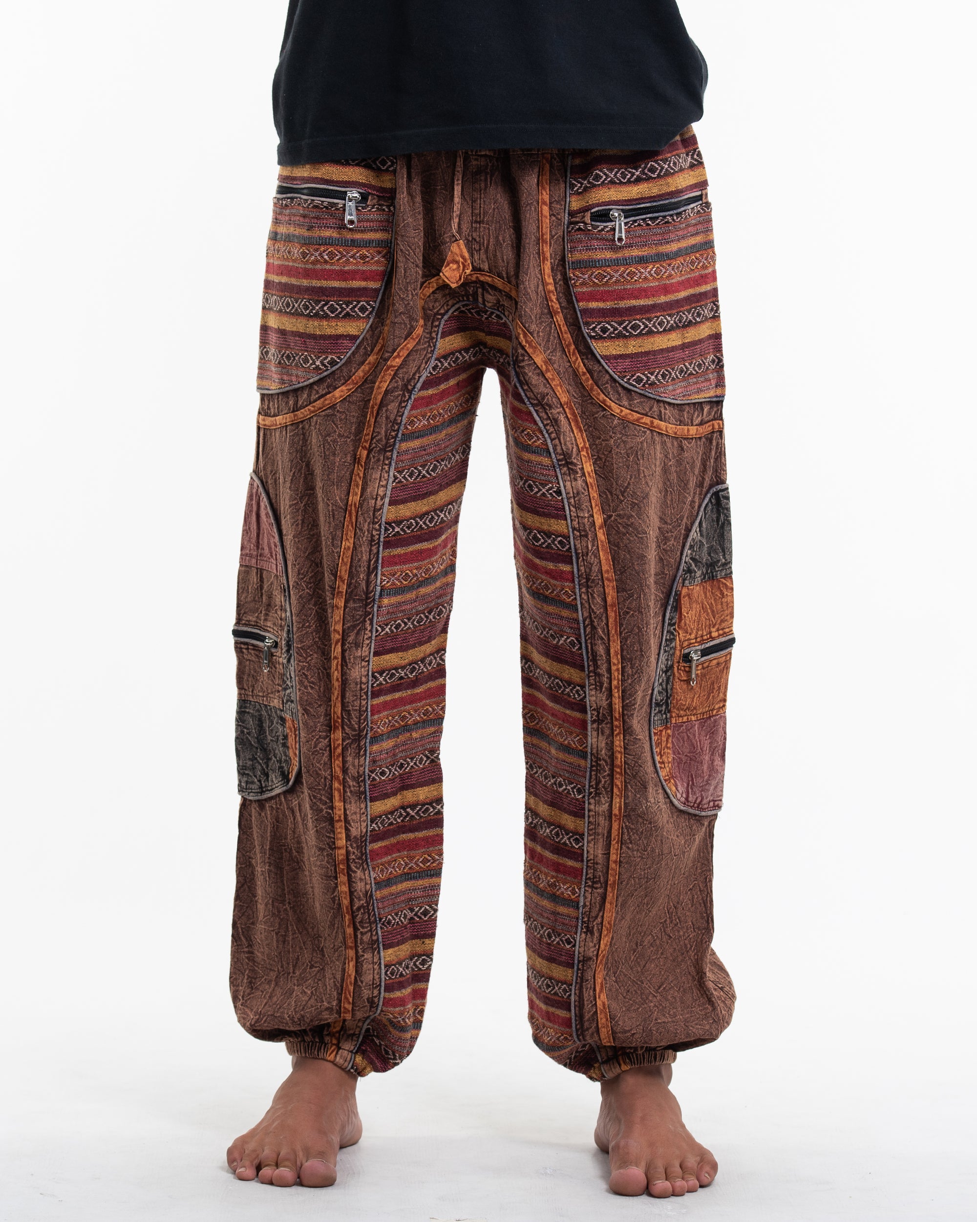 Men's Patchwork Stone Washed Cargo Cotton Pants in Brown 06