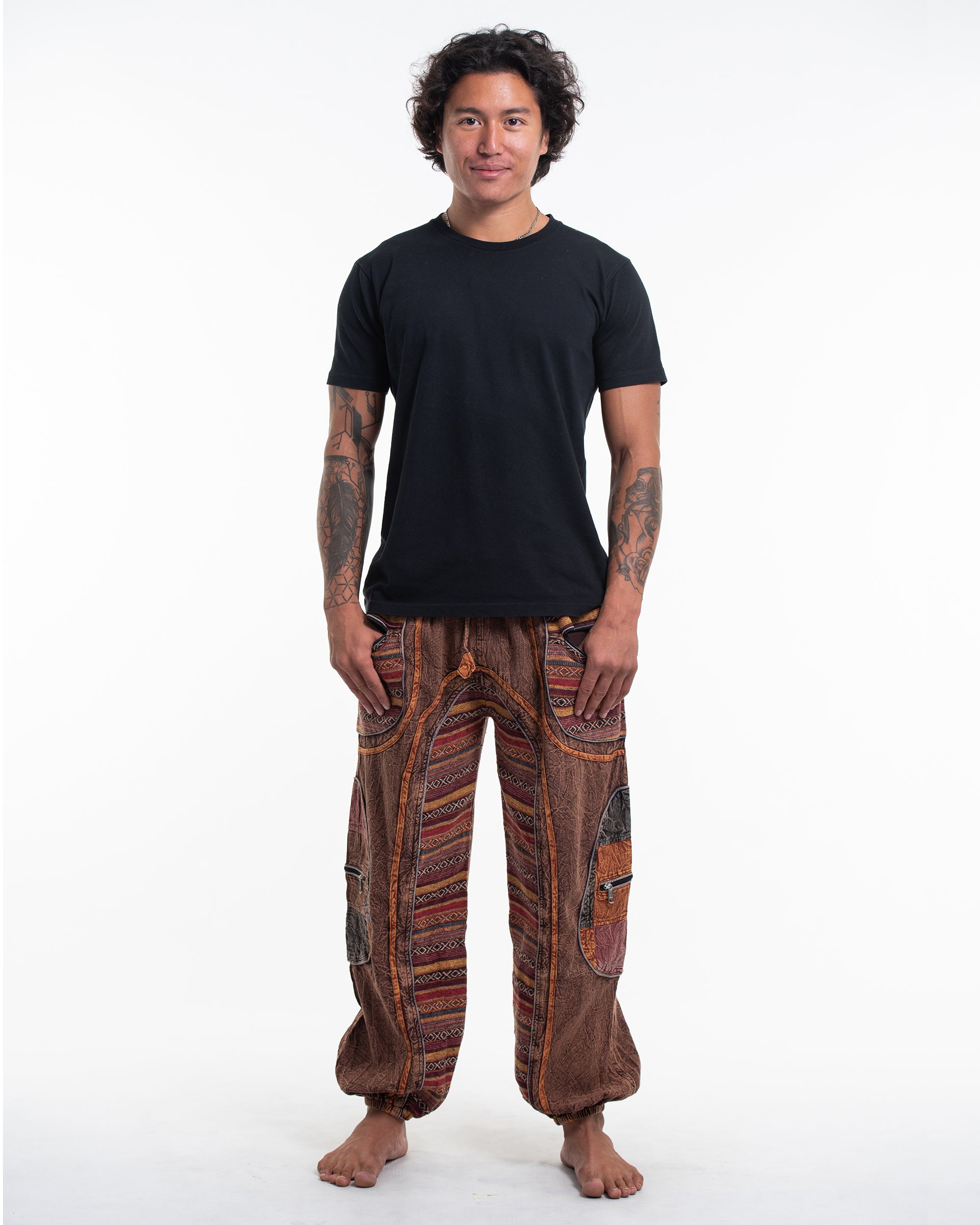 Men's Patchwork Stone Washed Cargo Cotton Pants in Brown 06