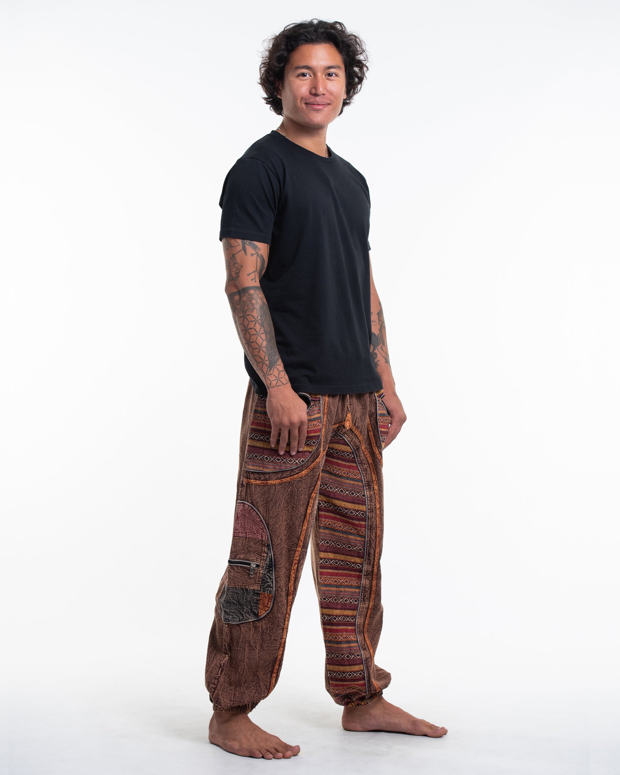 Men's Patchwork Stone Washed Cargo Cotton Pants in Brown 06