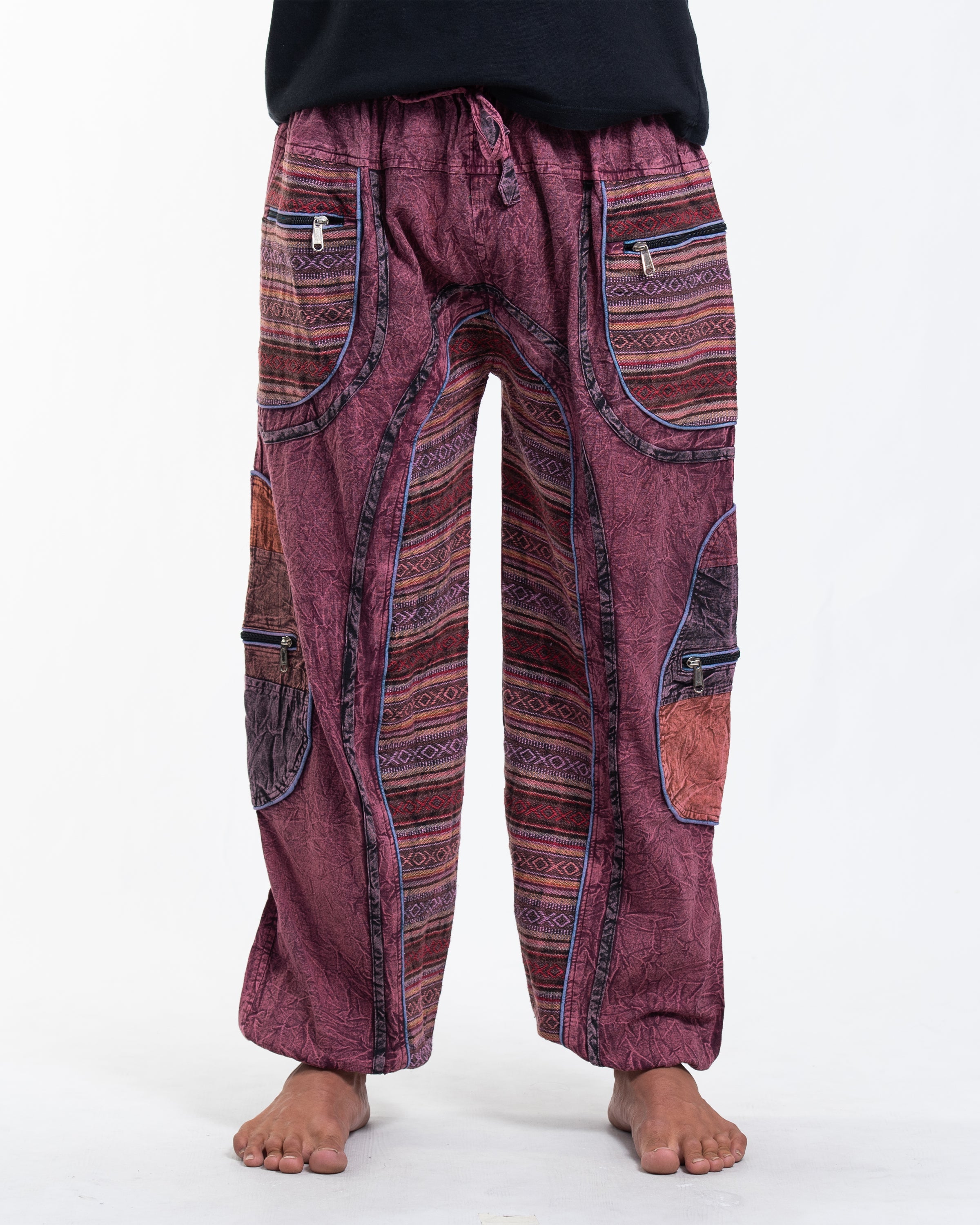 Men's Patchwork Stone Washed Cargo Cotton Pants in Maroon 06