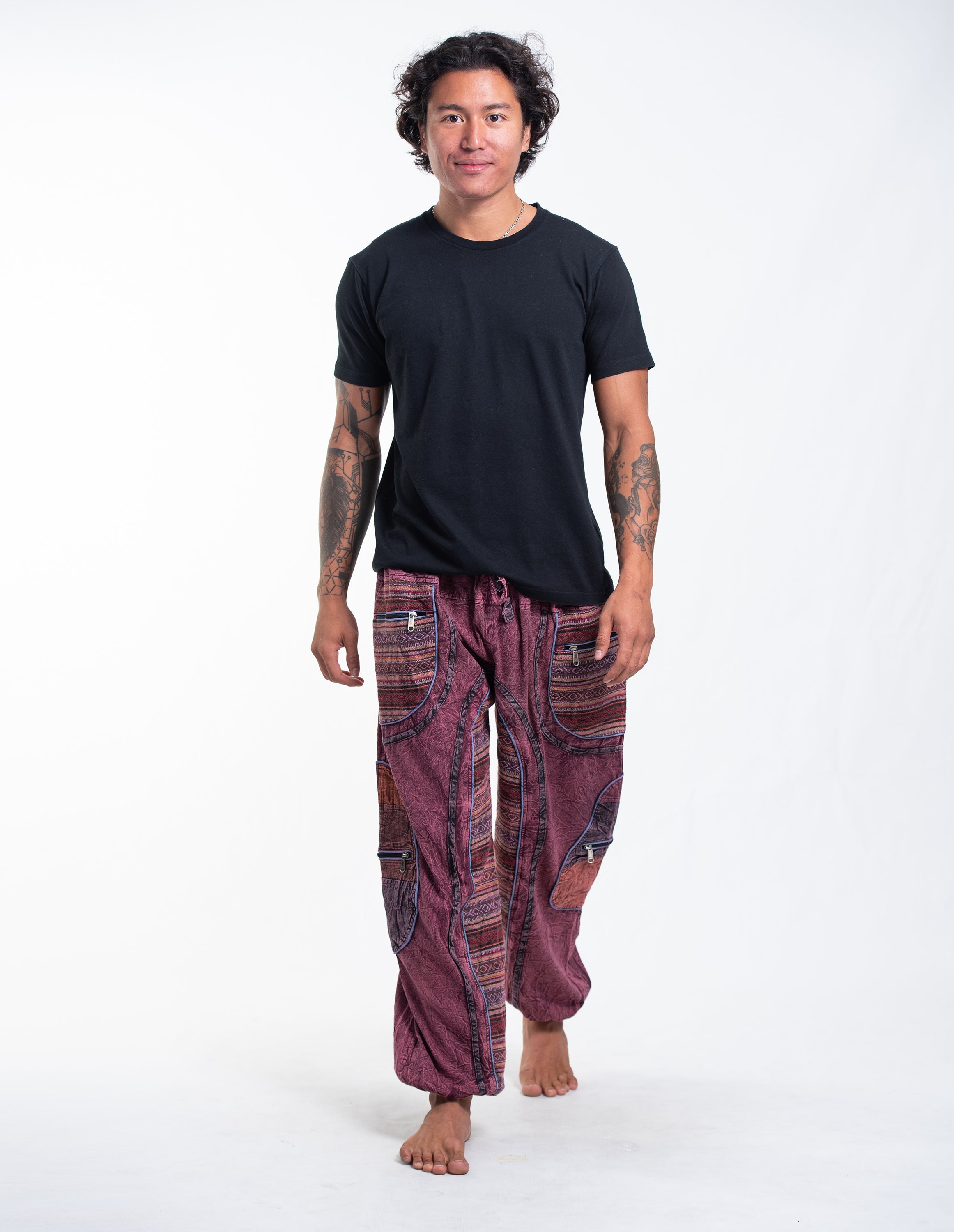 Men's Patchwork Stone Washed Cargo Cotton Pants in Maroon 06
