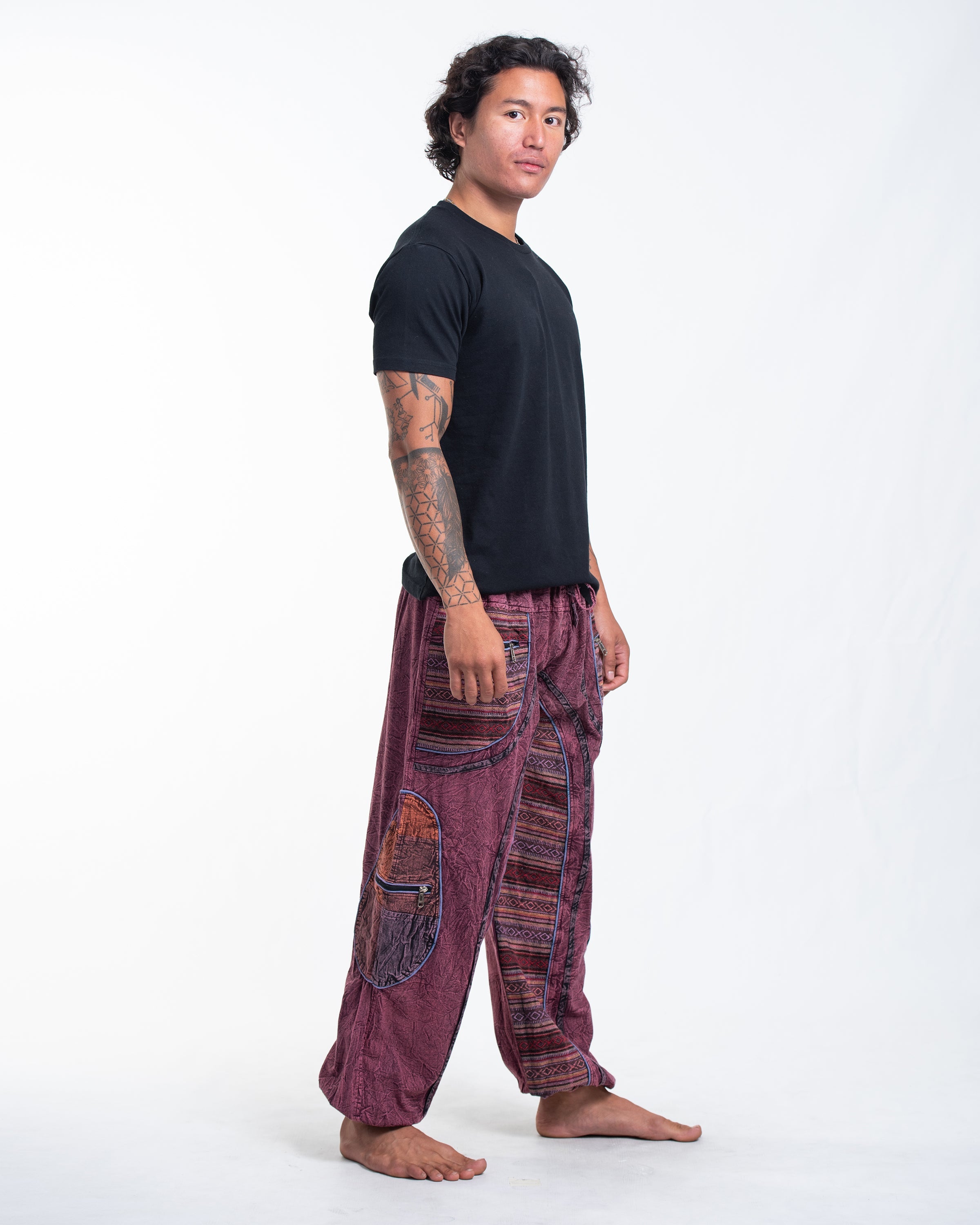 Men's Patchwork Stone Washed Cargo Cotton Pants in Maroon 06