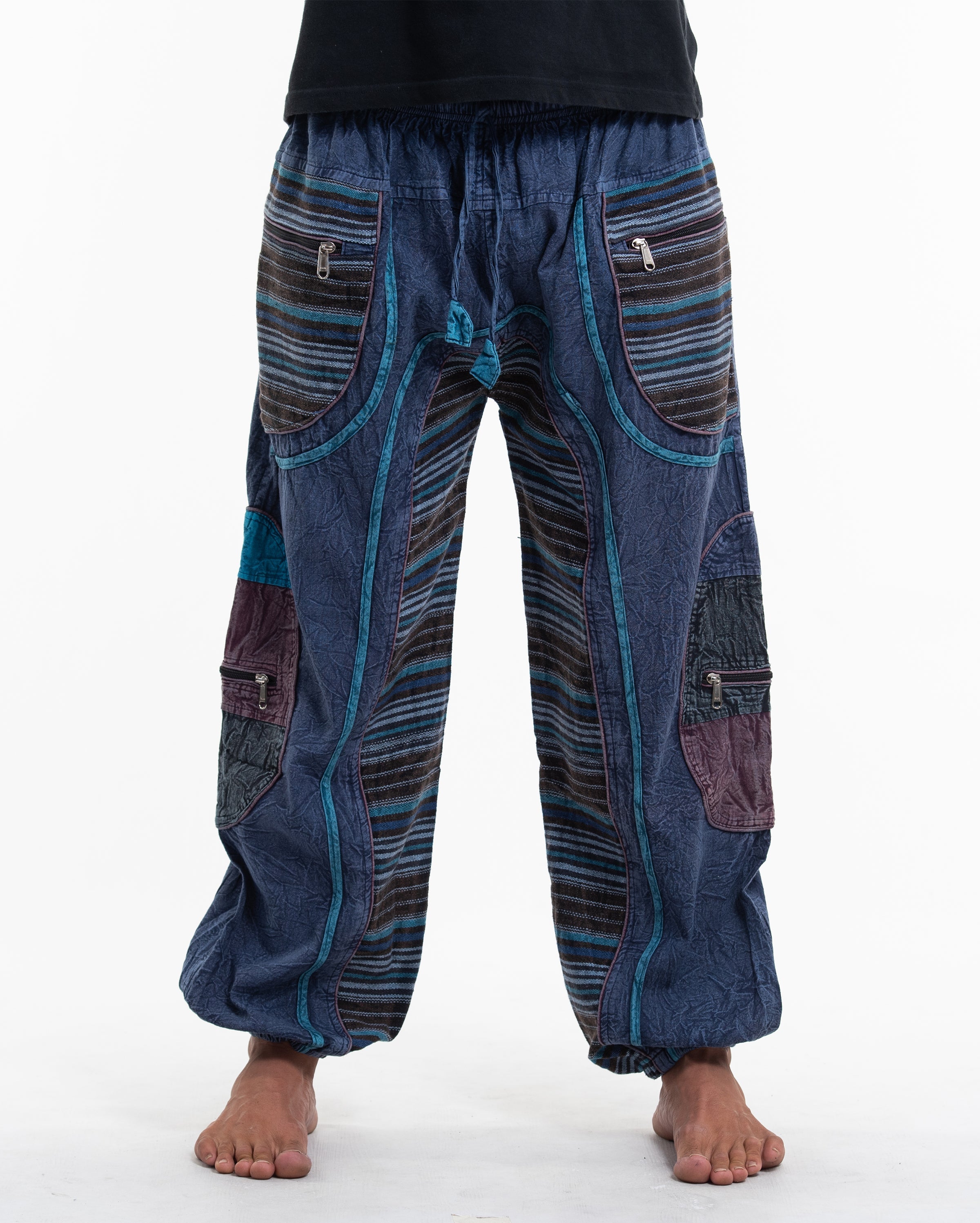 Men's Patchwork Stone Washed Cargo Cotton Pants in Navy 06