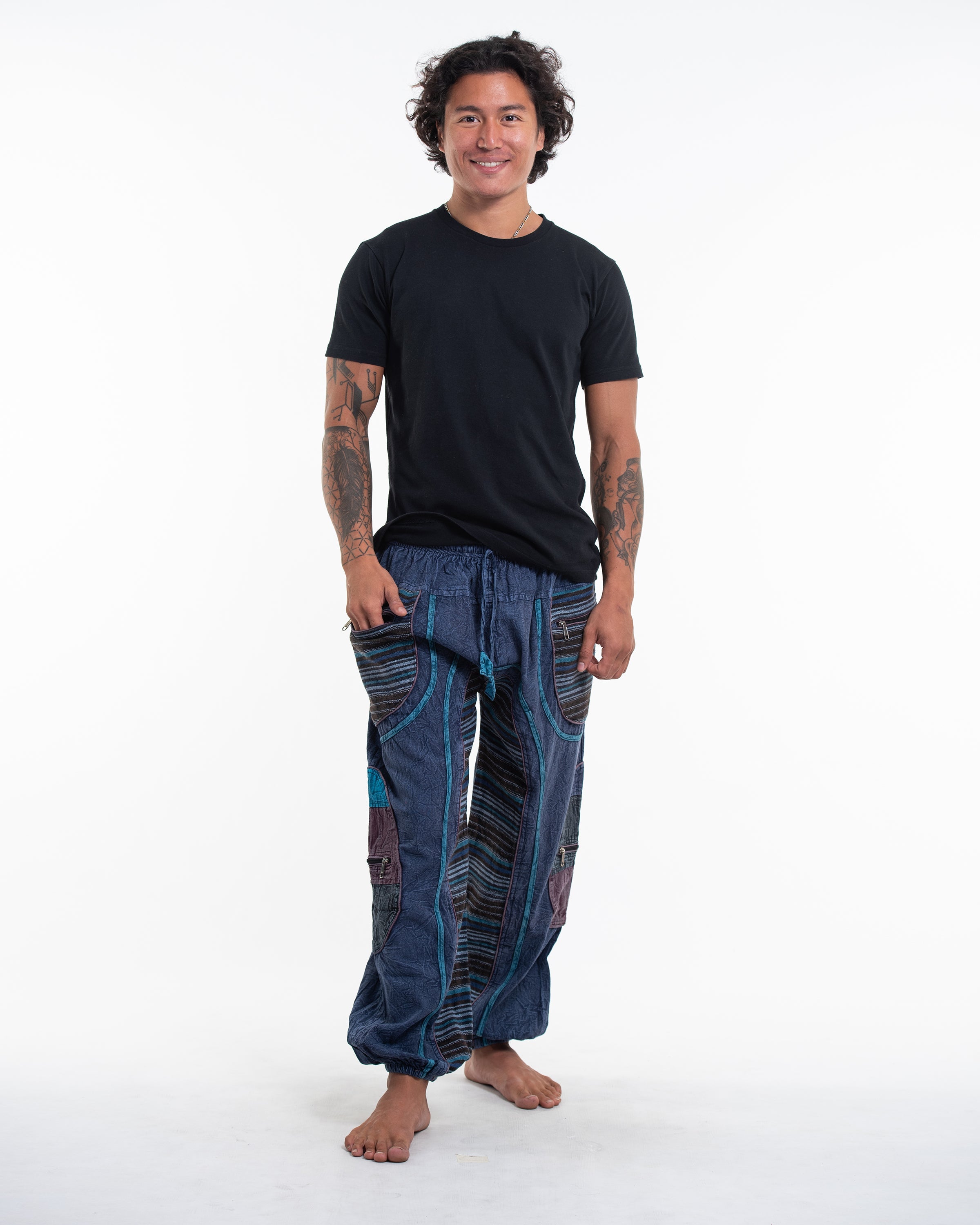 Men's Patchwork Stone Washed Cargo Cotton Pants in Navy 06