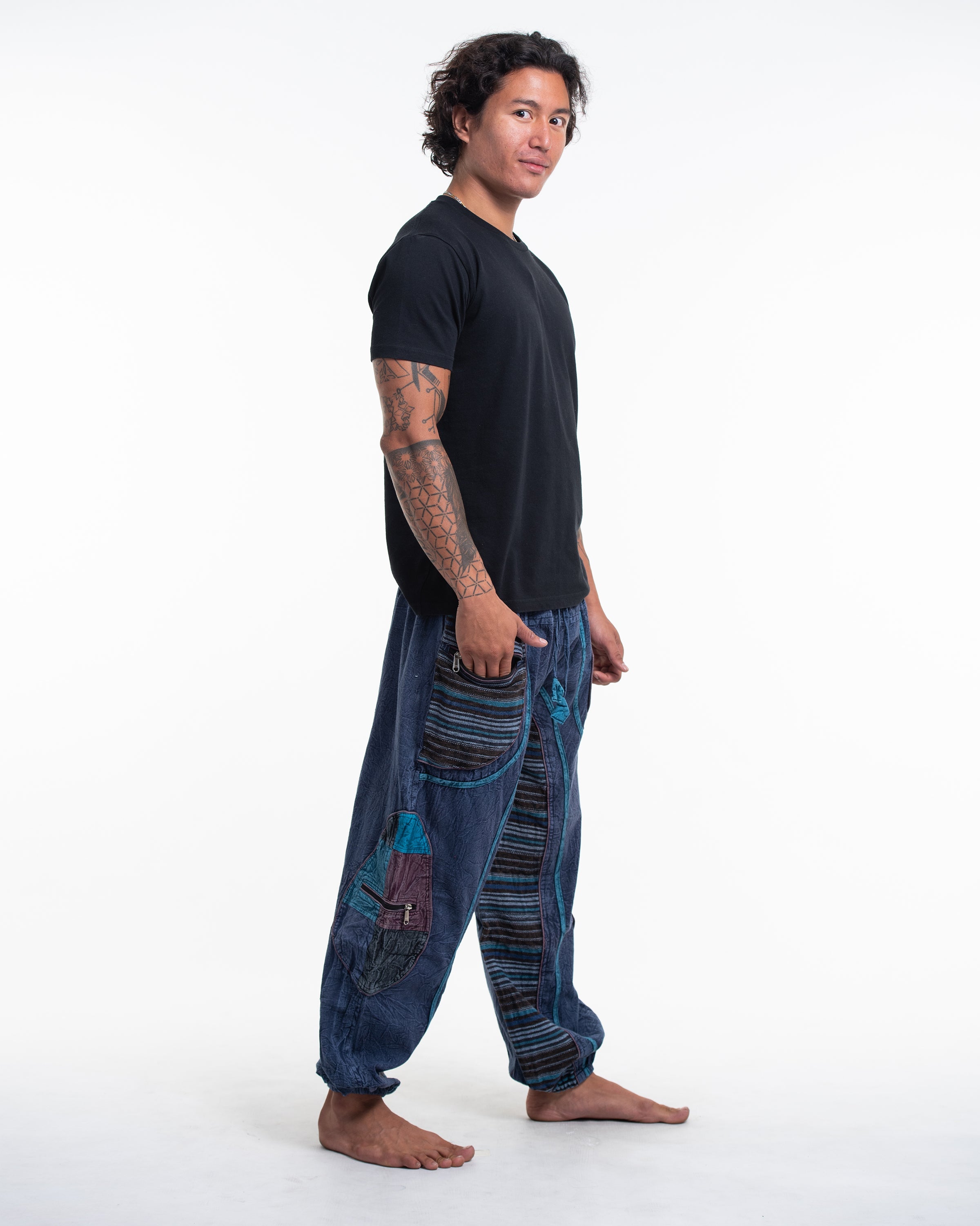 Men's Patchwork Stone Washed Cargo Cotton Pants in Navy 06