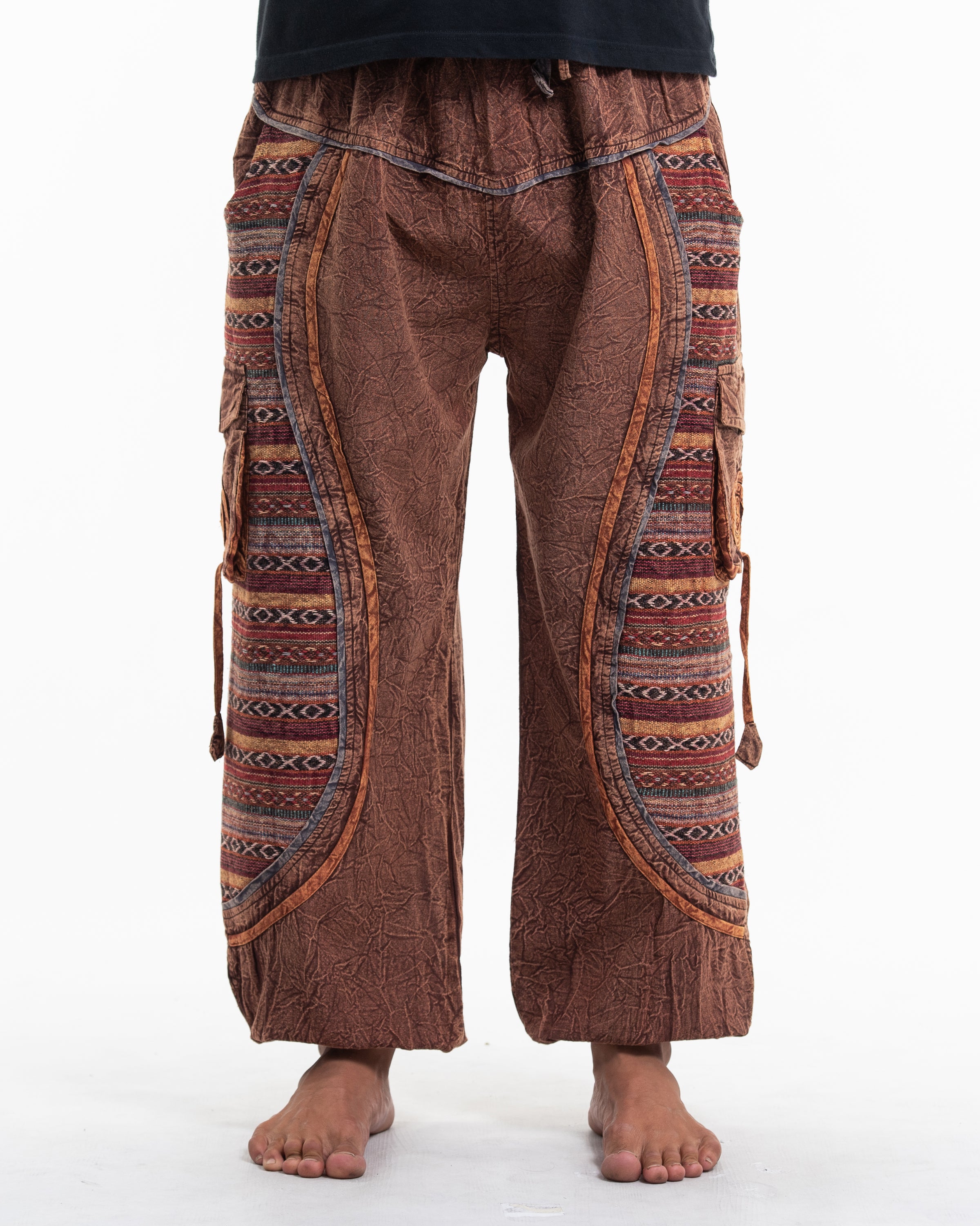 Men's Patchwork Stone Washed Cargo Cotton Pants in Brown 07