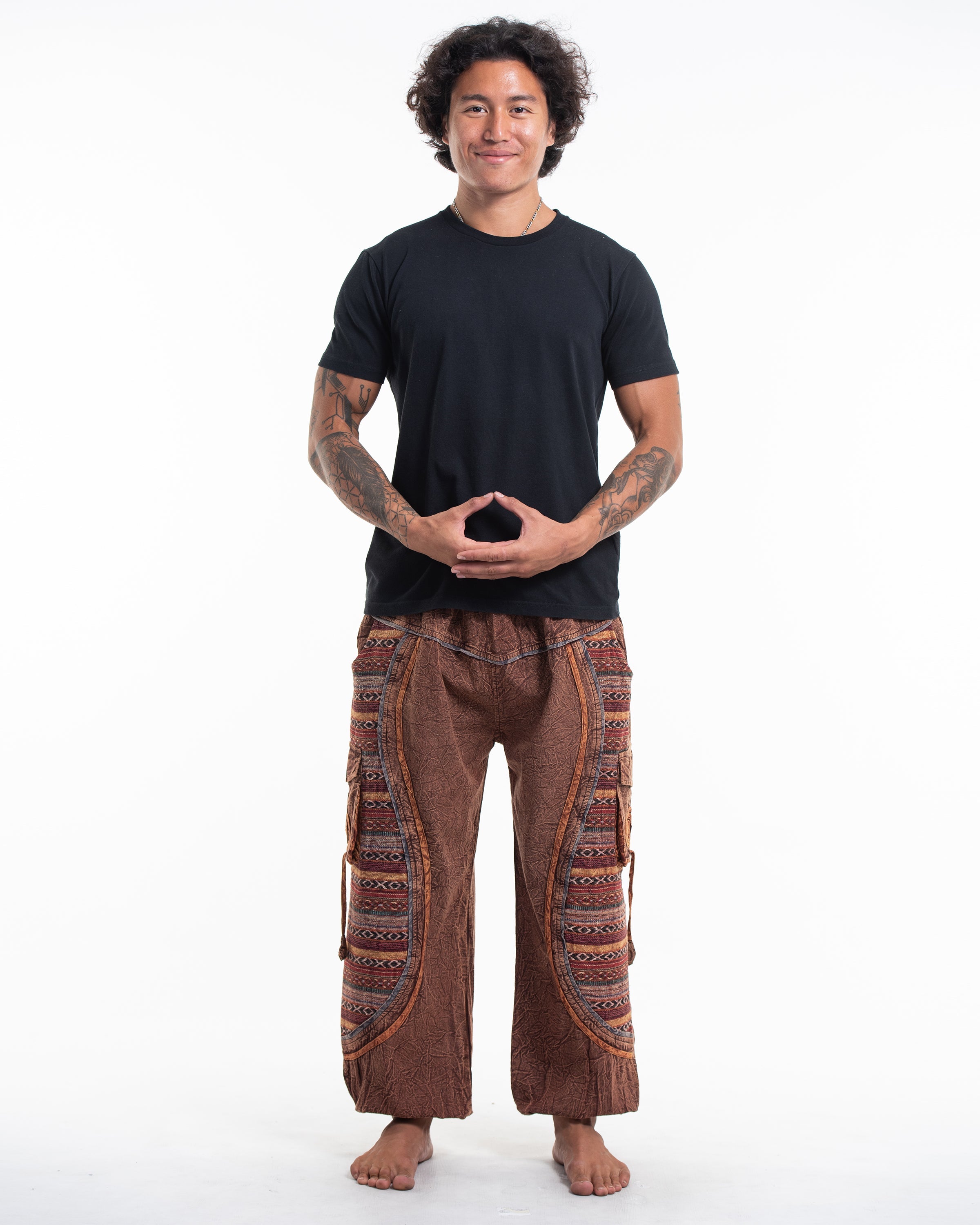 Men's Patchwork Stone Washed Cargo Cotton Pants in Brown 07