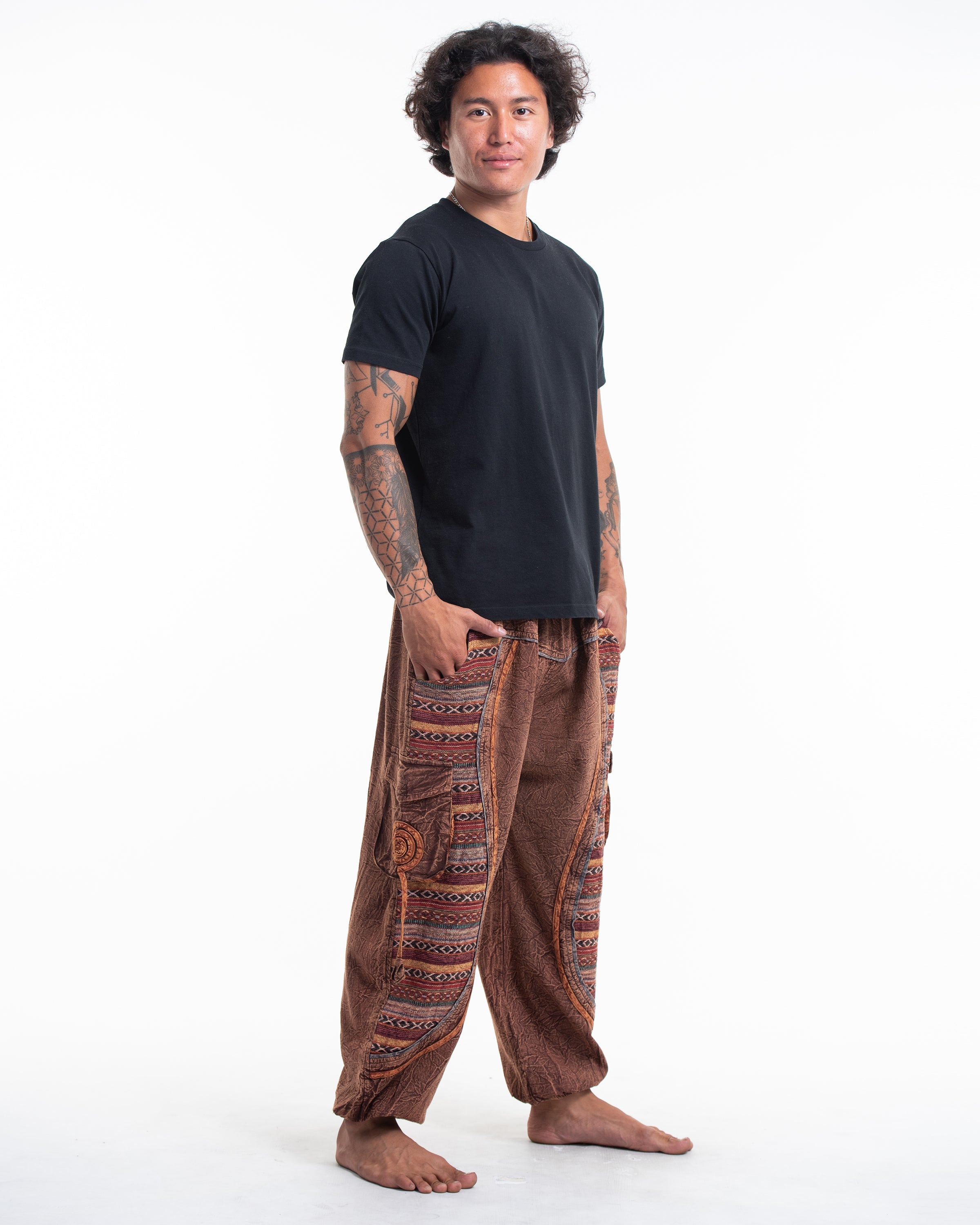 Men's Patchwork Stone Washed Cargo Cotton Pants in Brown 07