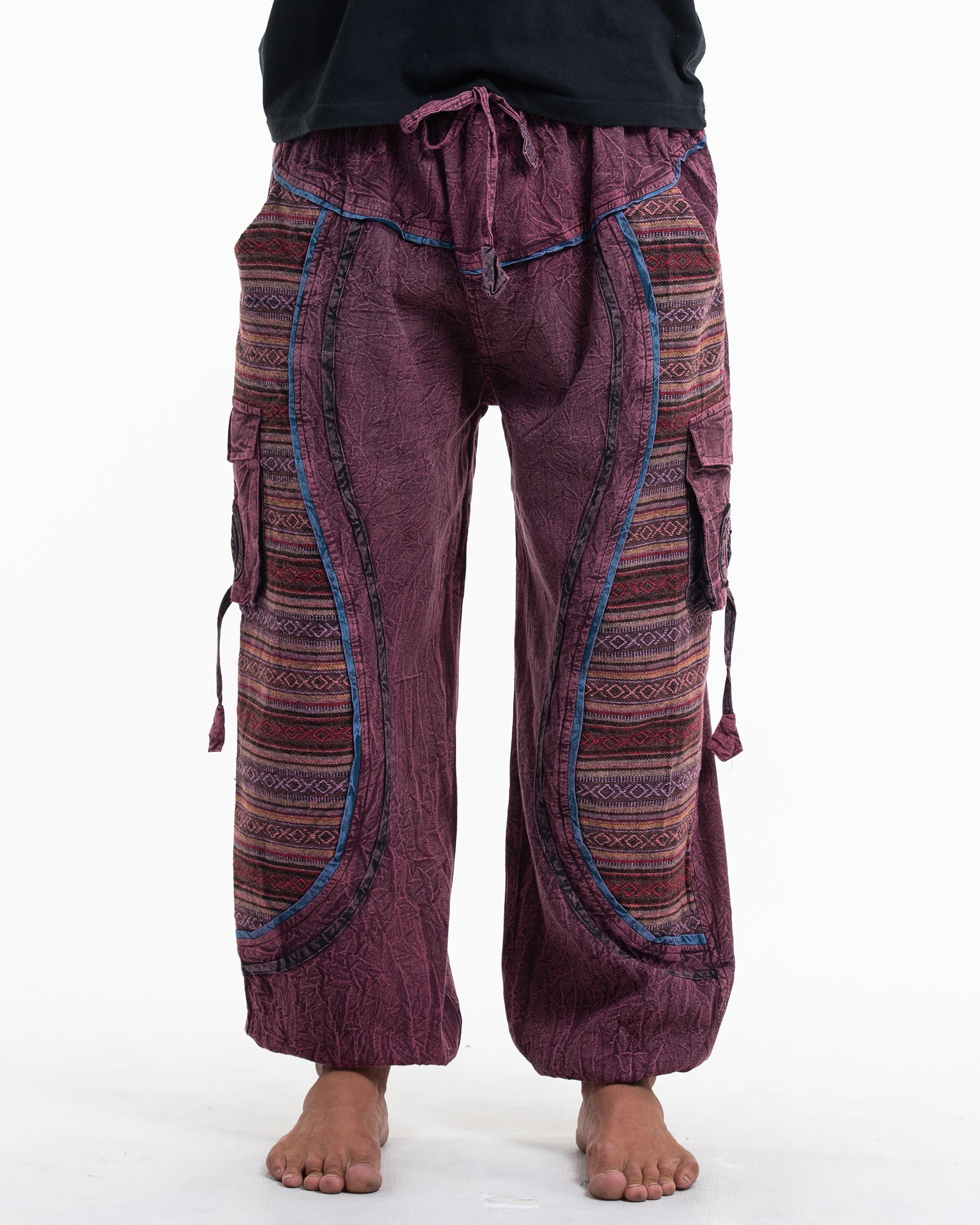 Men's Patchwork Stone Washed Cargo Cotton Pants in Maroon 07