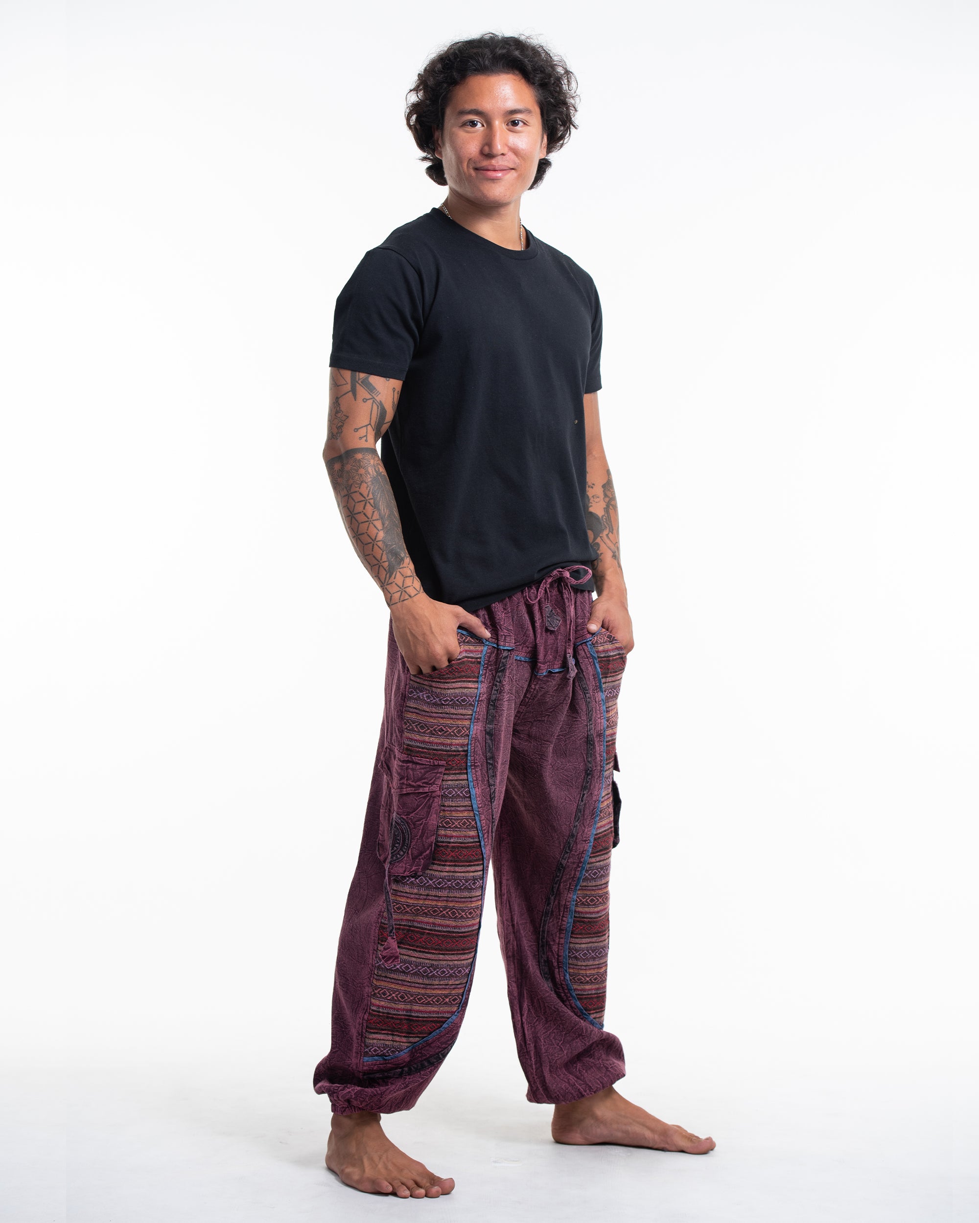 Men's Patchwork Stone Washed Cargo Cotton Pants in Maroon 07