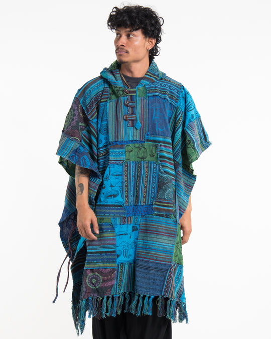 Unisex Patchwork Stonewash Hooded Poncho in Blue