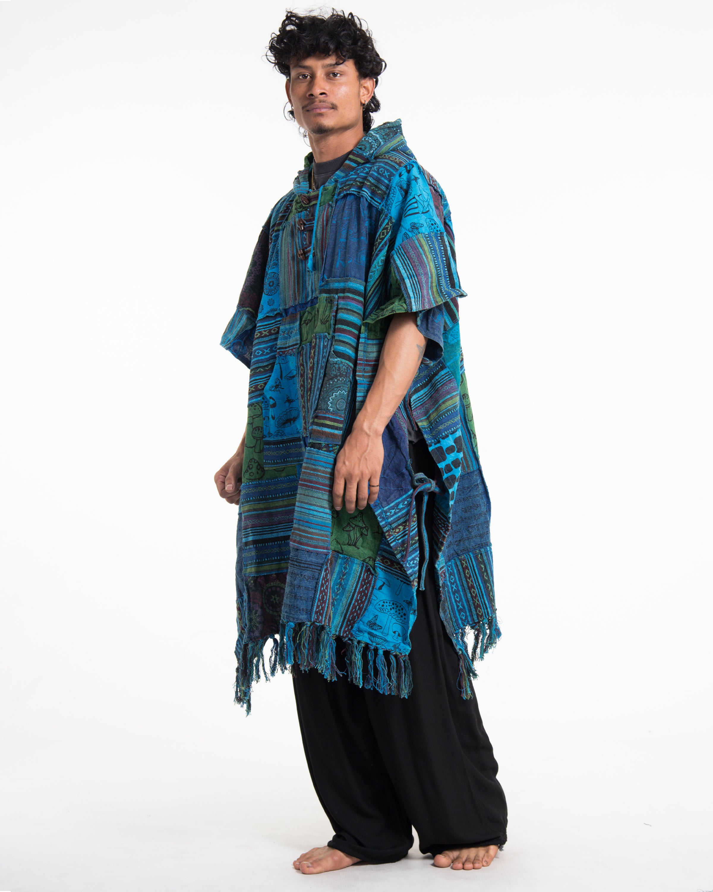 Unisex Patchwork Stonewash Hooded Poncho in Blue