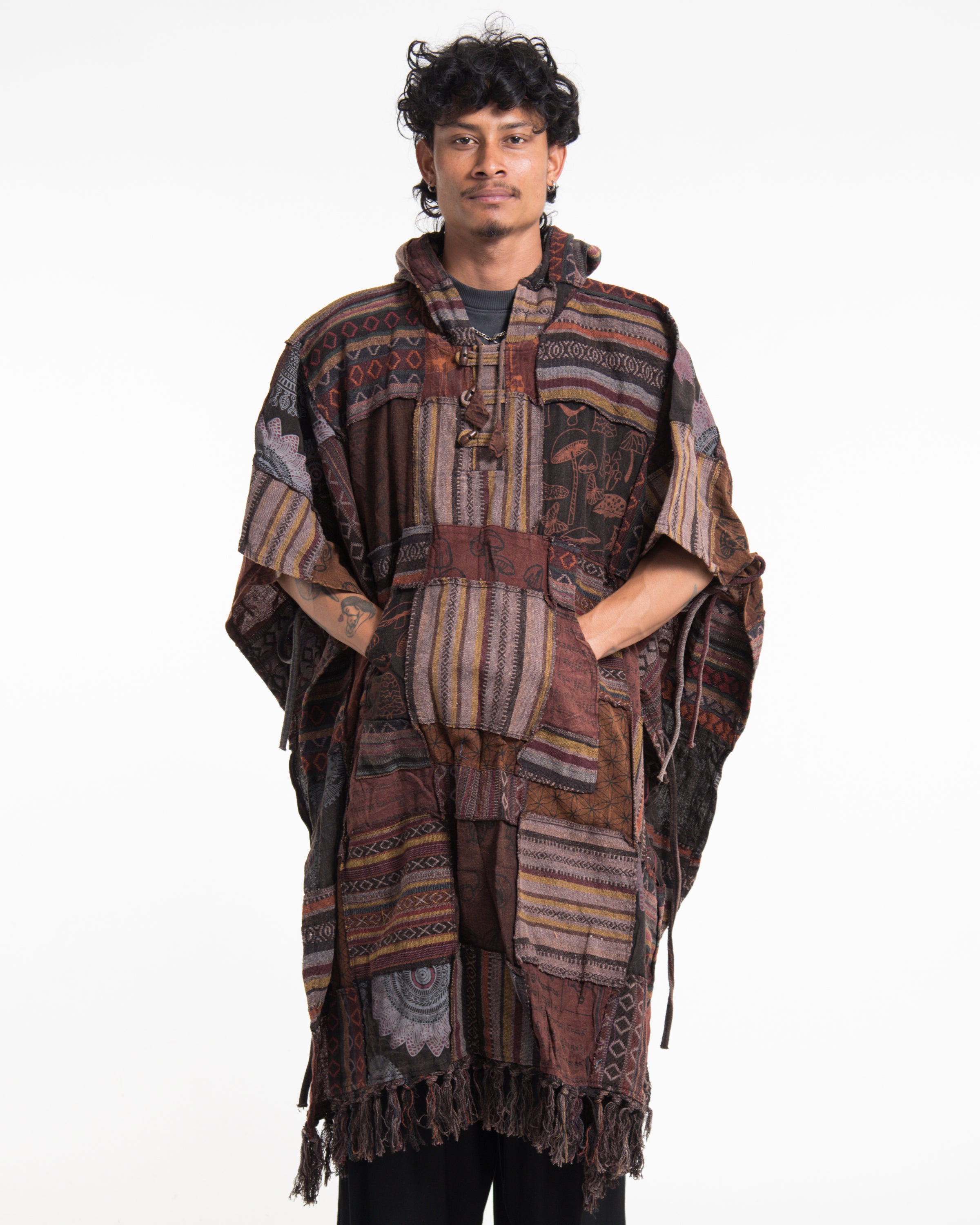 Unisex Patchwork Stonewash Hooded Poncho in Brown