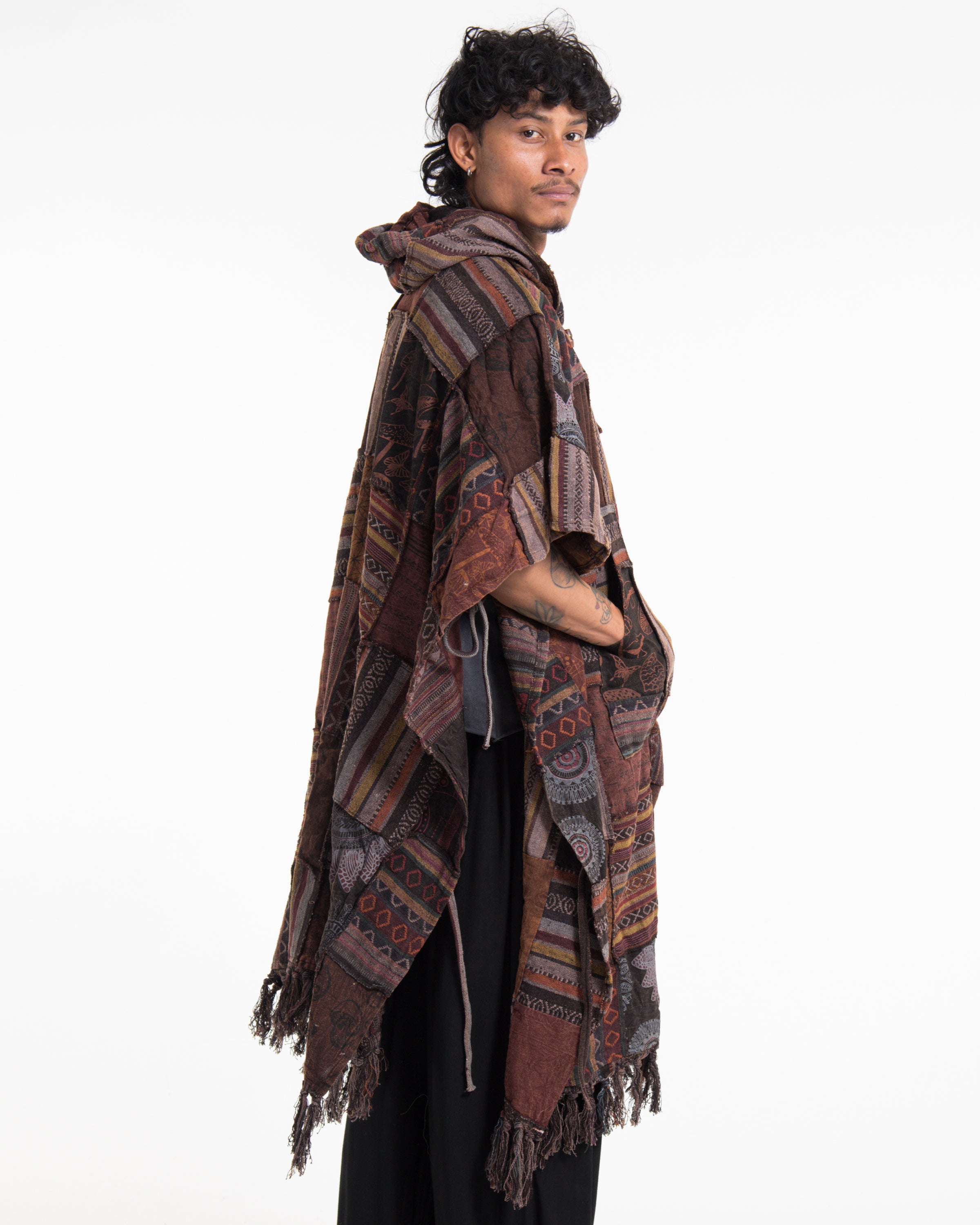 Unisex Patchwork Stonewash Hooded Poncho in Brown