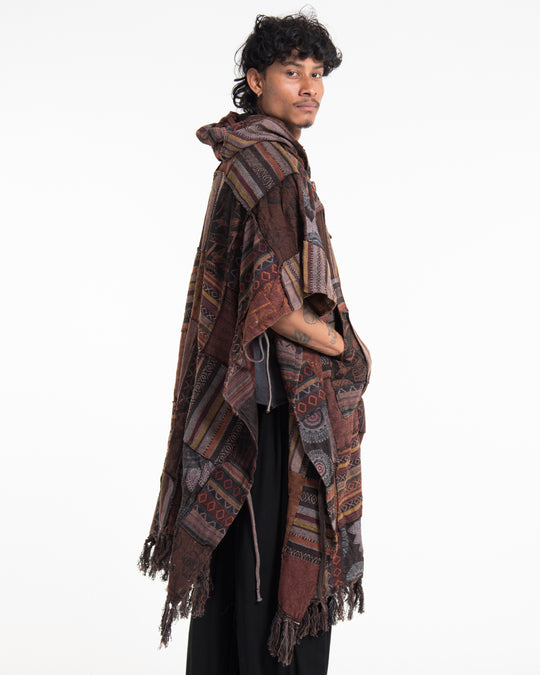 Unisex Patchwork Stonewash Hooded Poncho in Brown