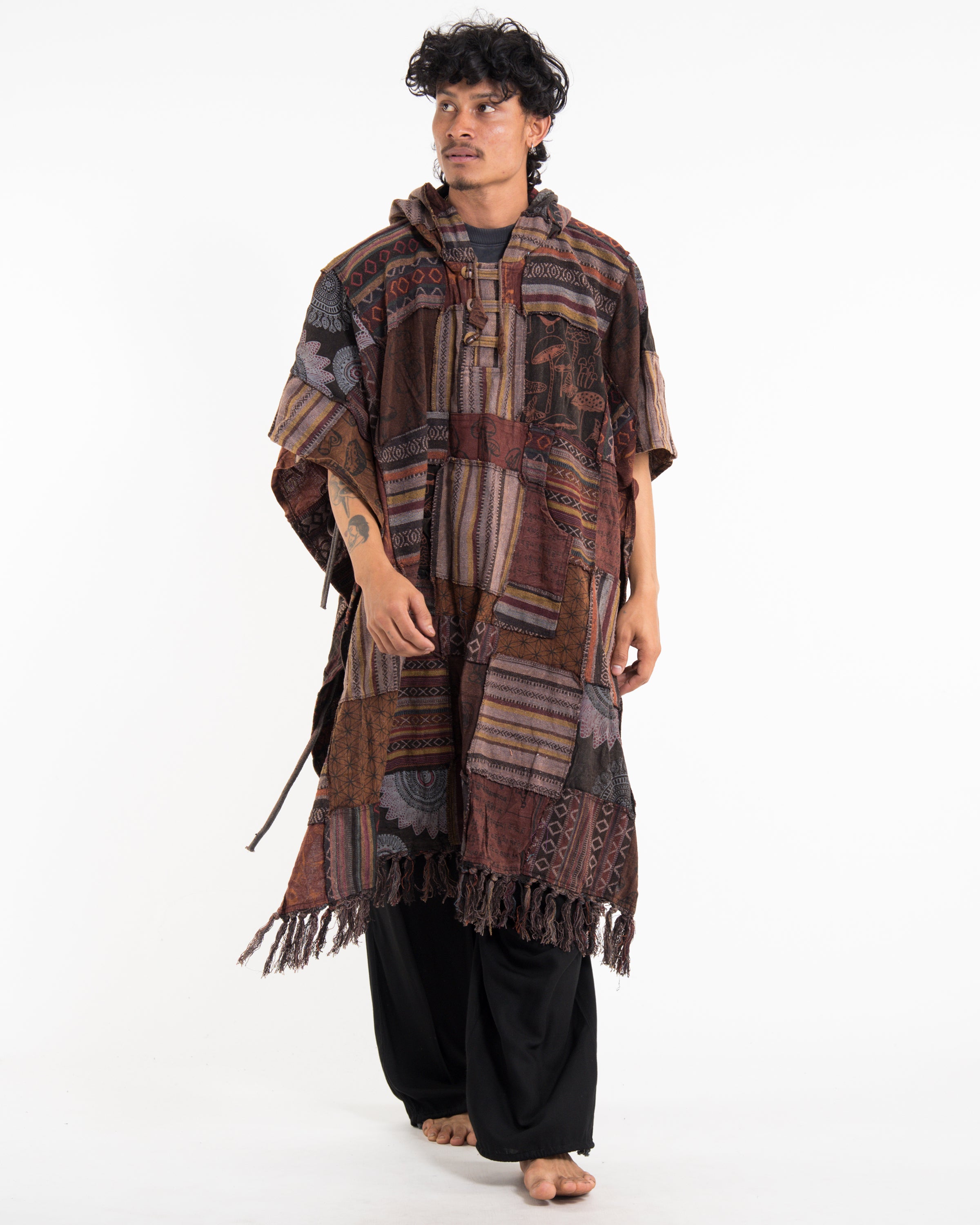 Unisex Patchwork Stonewash Hooded Poncho in Brown