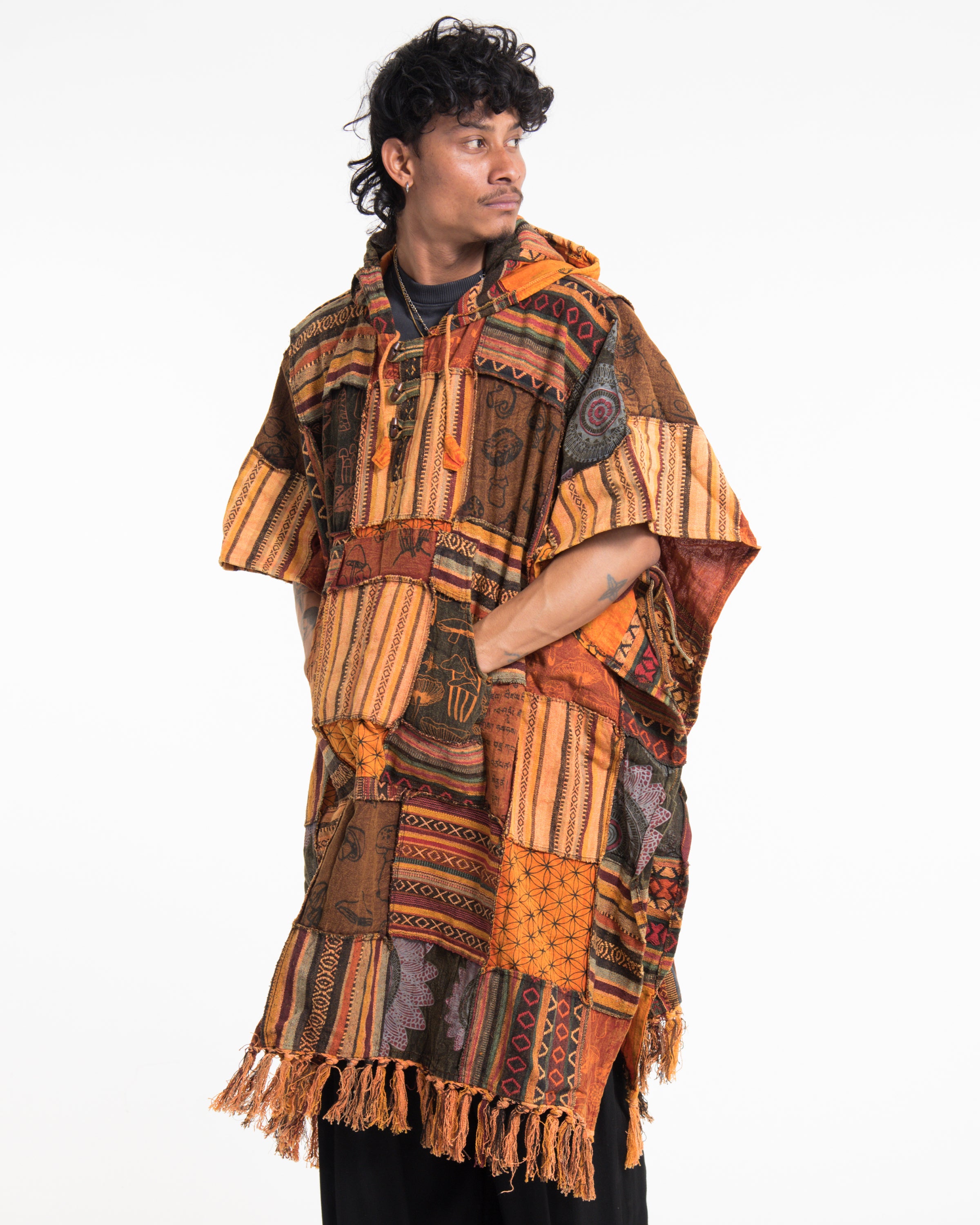 Unisex Patchwork Stonewash Hooded Poncho in Orange