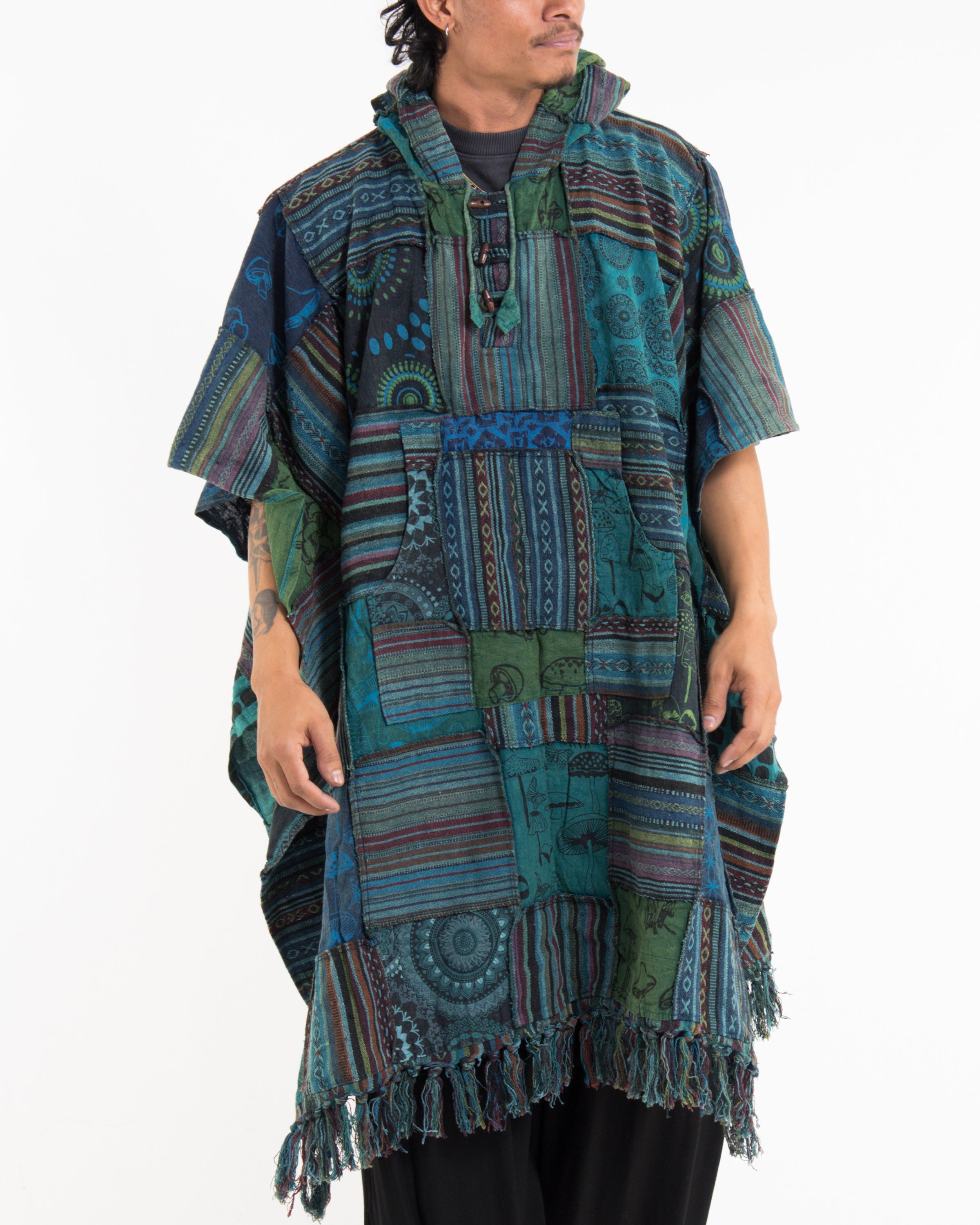 Unisex Patchwork Stonewash Hooded Poncho in Turquoise