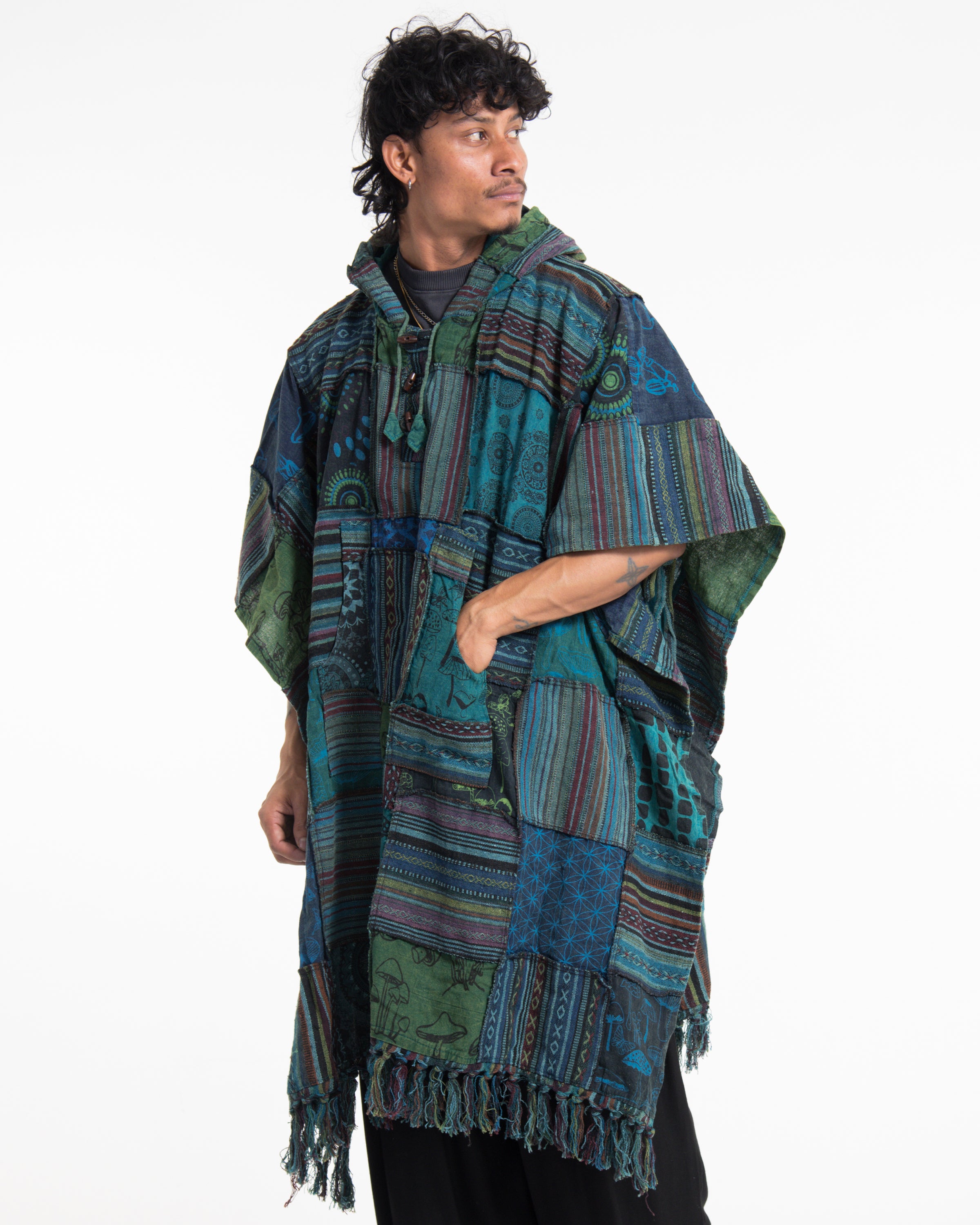 Unisex Patchwork Stonewash Hooded Poncho in Turquoise