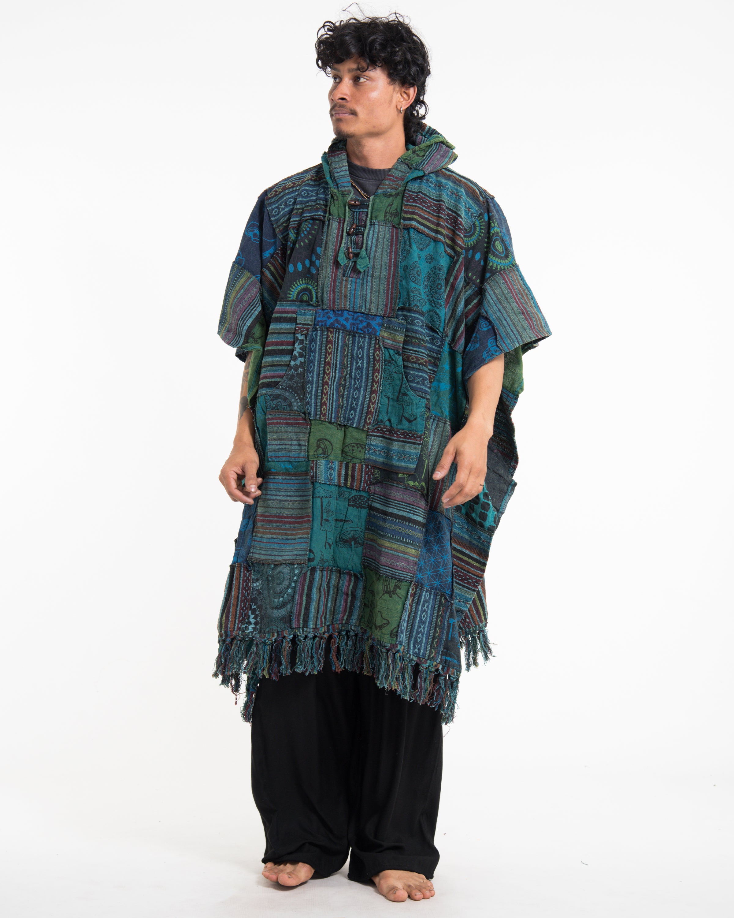 Unisex Patchwork Stonewash Hooded Poncho in Turquoise